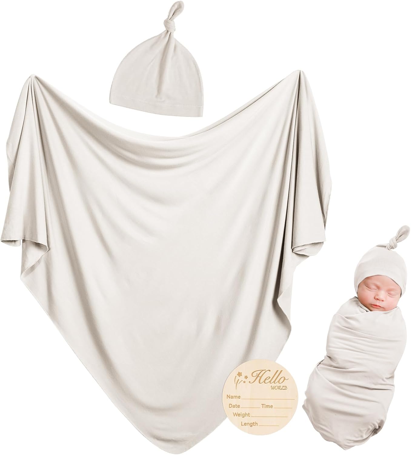 Ensemble couverture d'emmaillotage et bonnet en bambou - Avoine