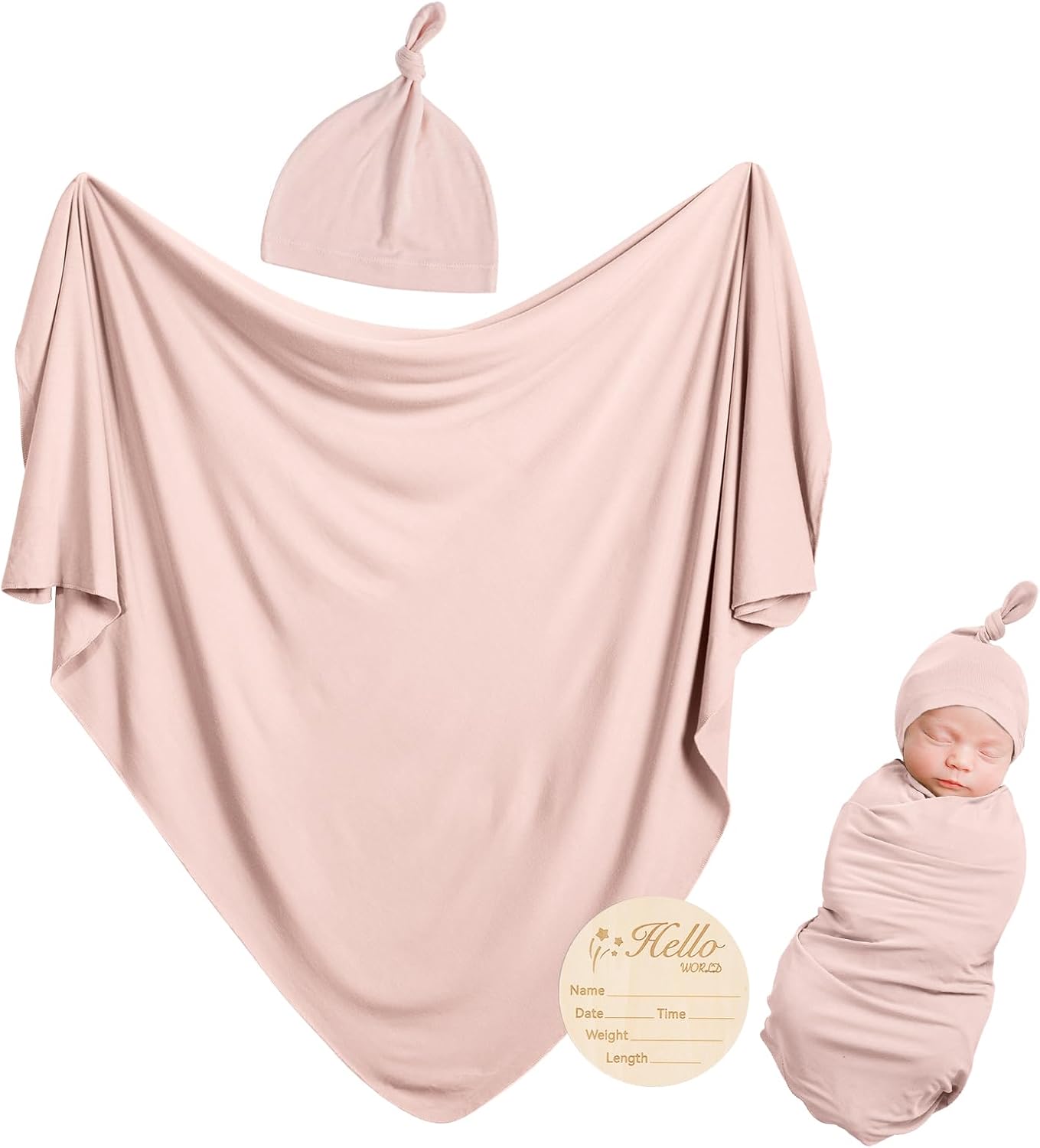 Ensemble couverture d'emmaillotage et bonnet en bambou - Rose poudré