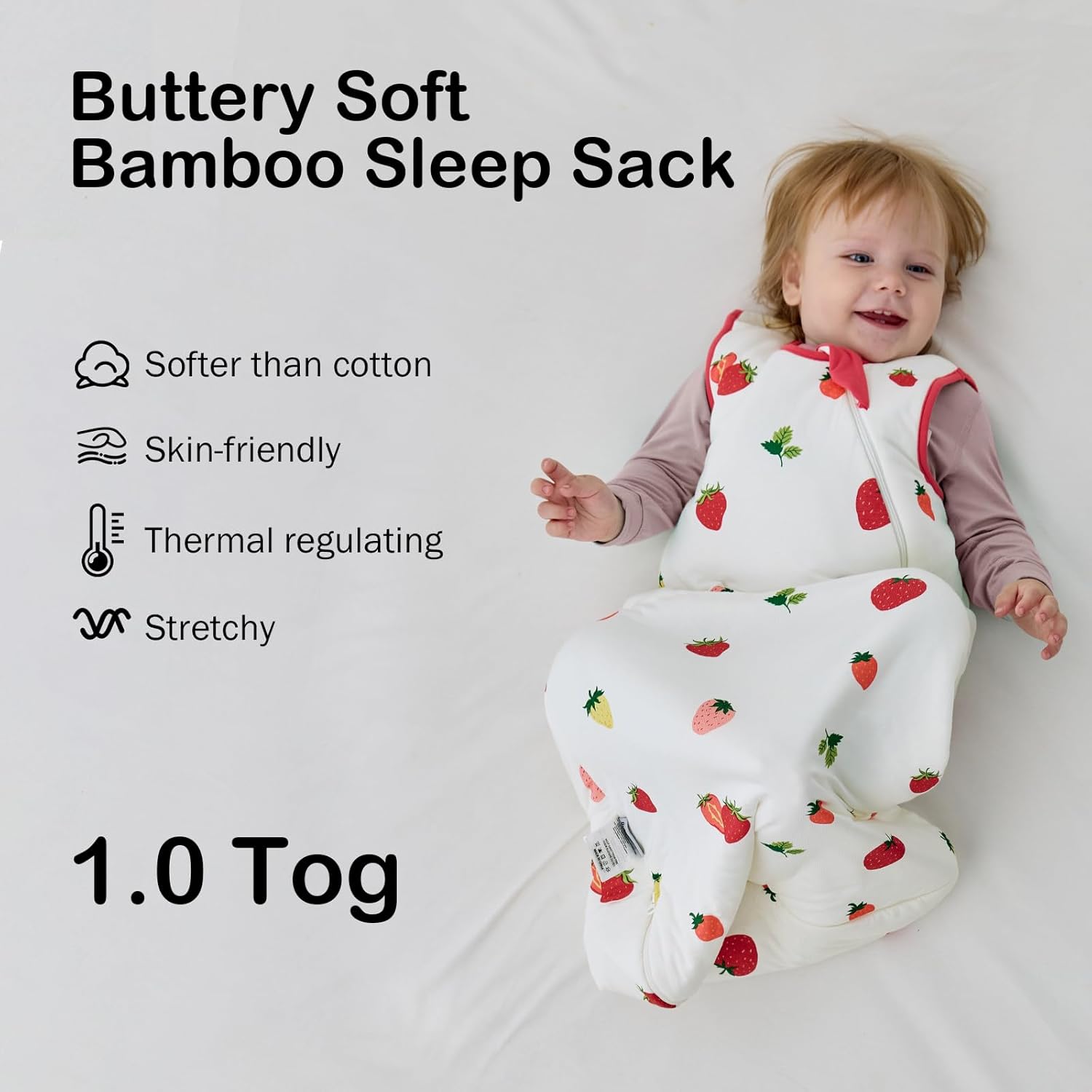 Close-up of high-density bamboo fabric on BubblePanda Strawberry 1.0 TOG sleep sack showing thick buttery-soft texture
