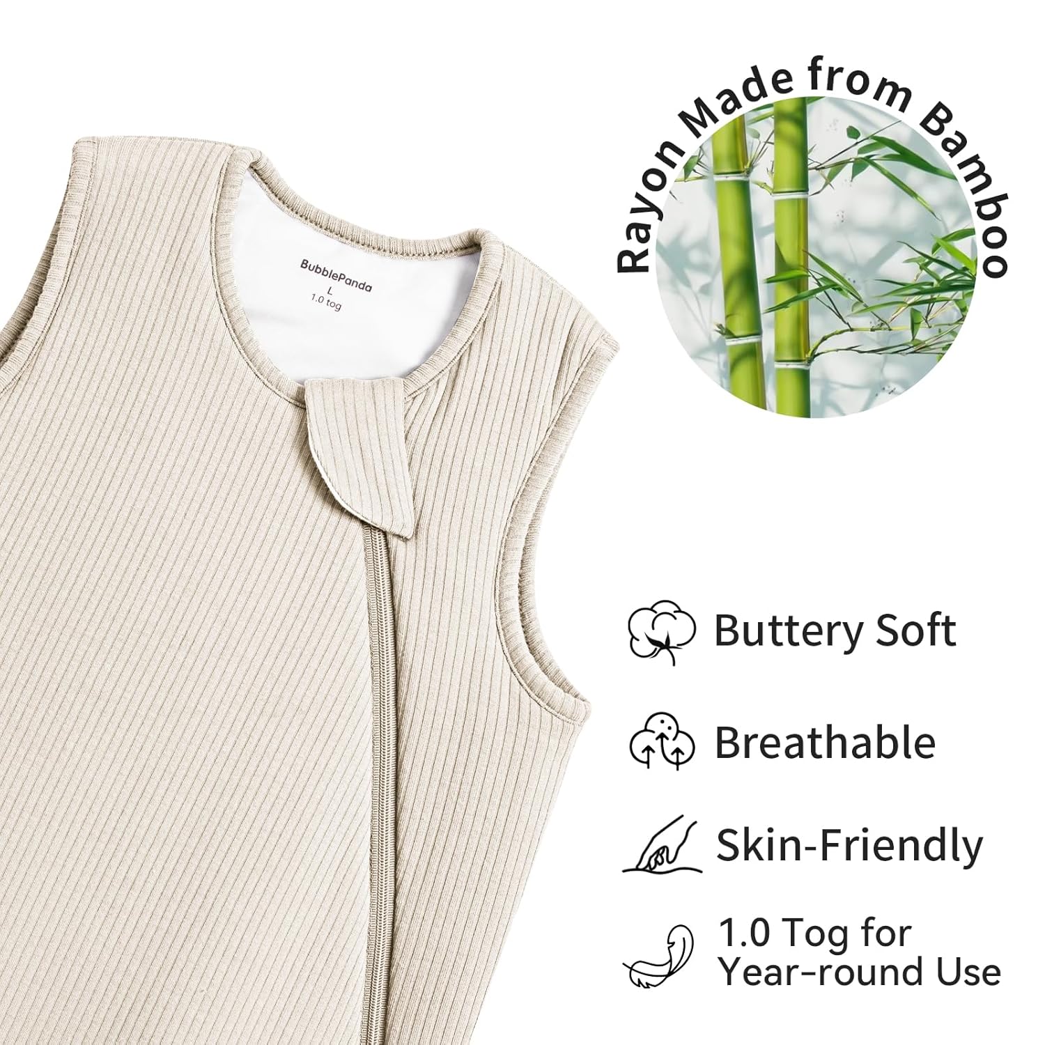 Close-up of high-density bamboo fabric on BubblePanda Oat 1.0 TOG sleep sack showing thick buttery-soft texture