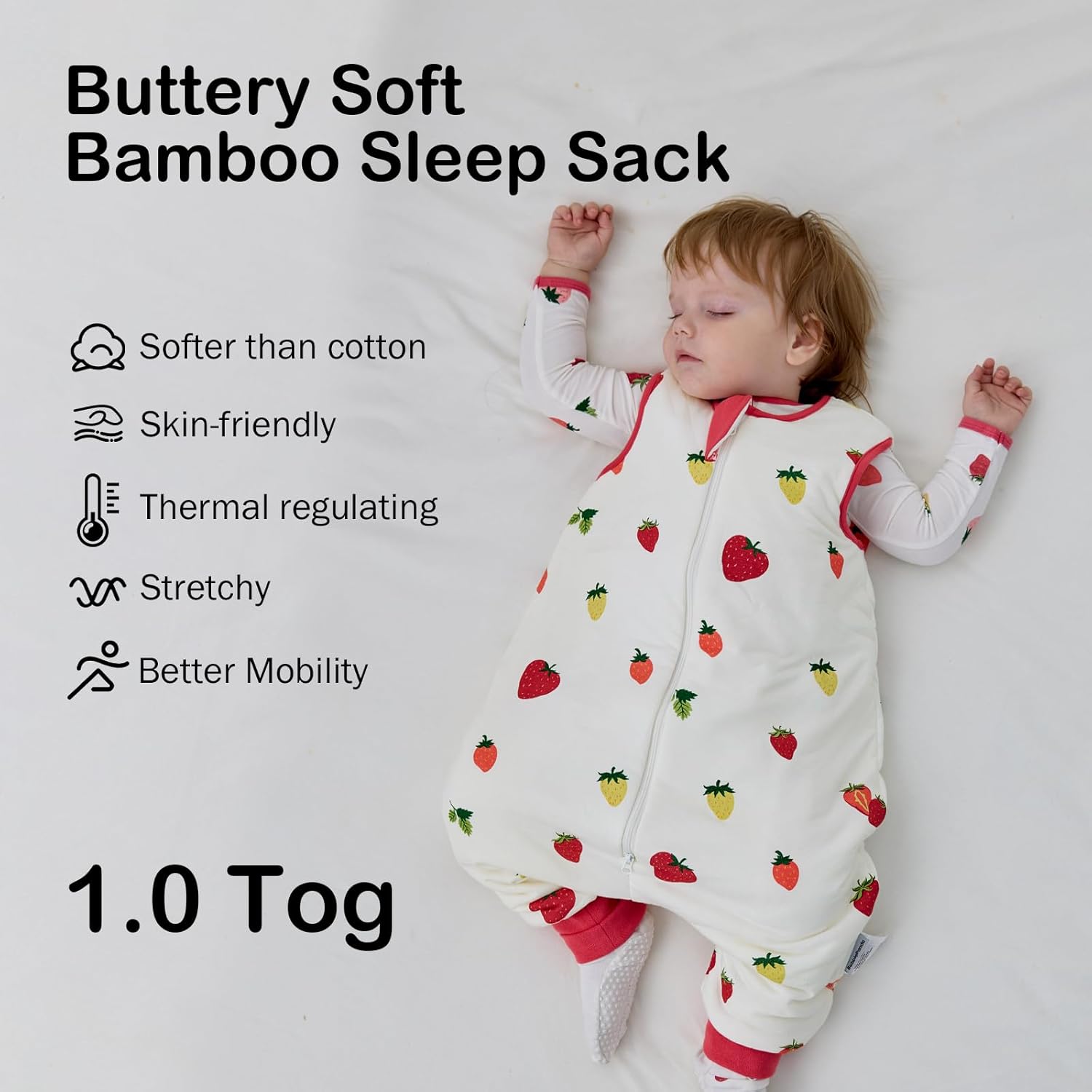 Buttery-soft high-density bamboo fabric texture on BubblePanda Strawberry 1.0 TOG Walker Sack