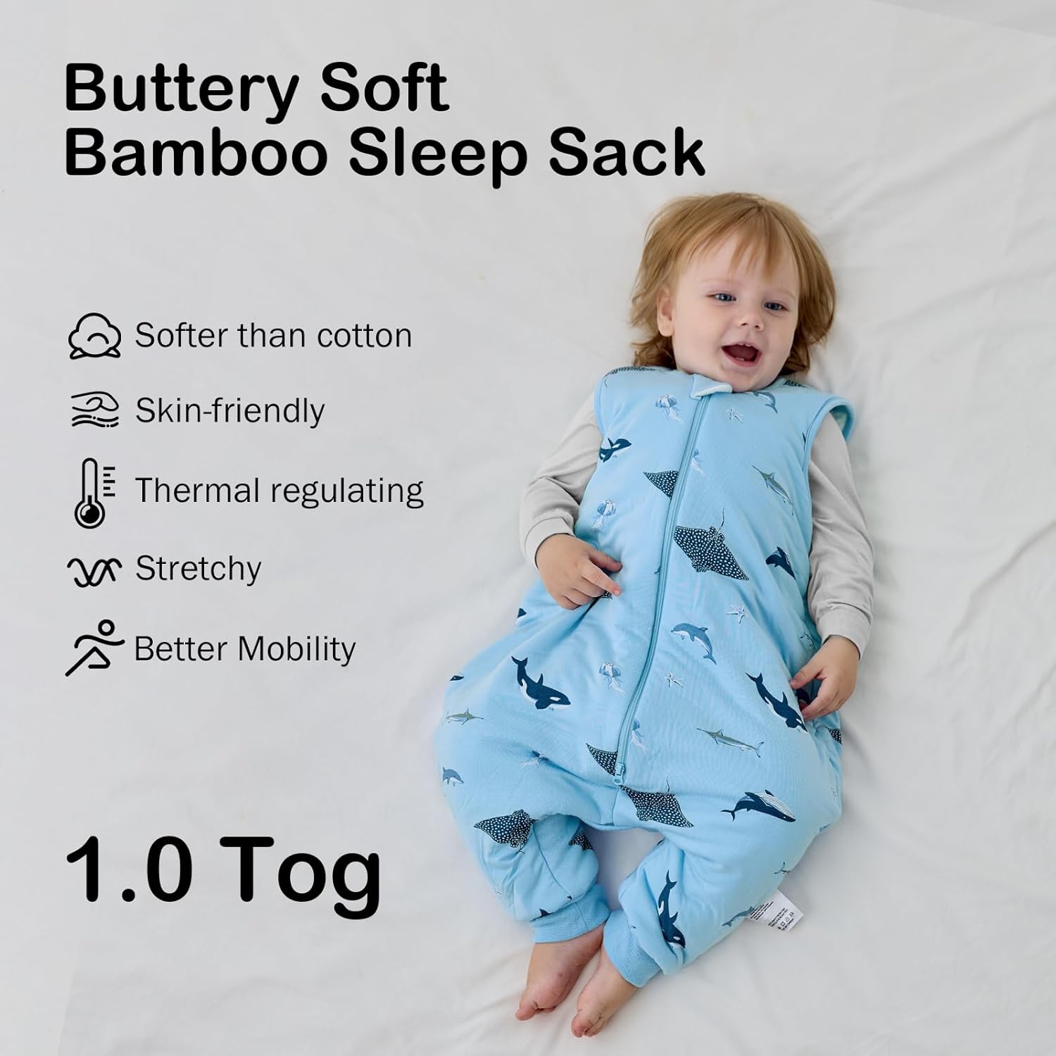 Buttery-soft high-density bamboo fabric texture on BubblePanda Shark 1.0 TOG Walker Sack