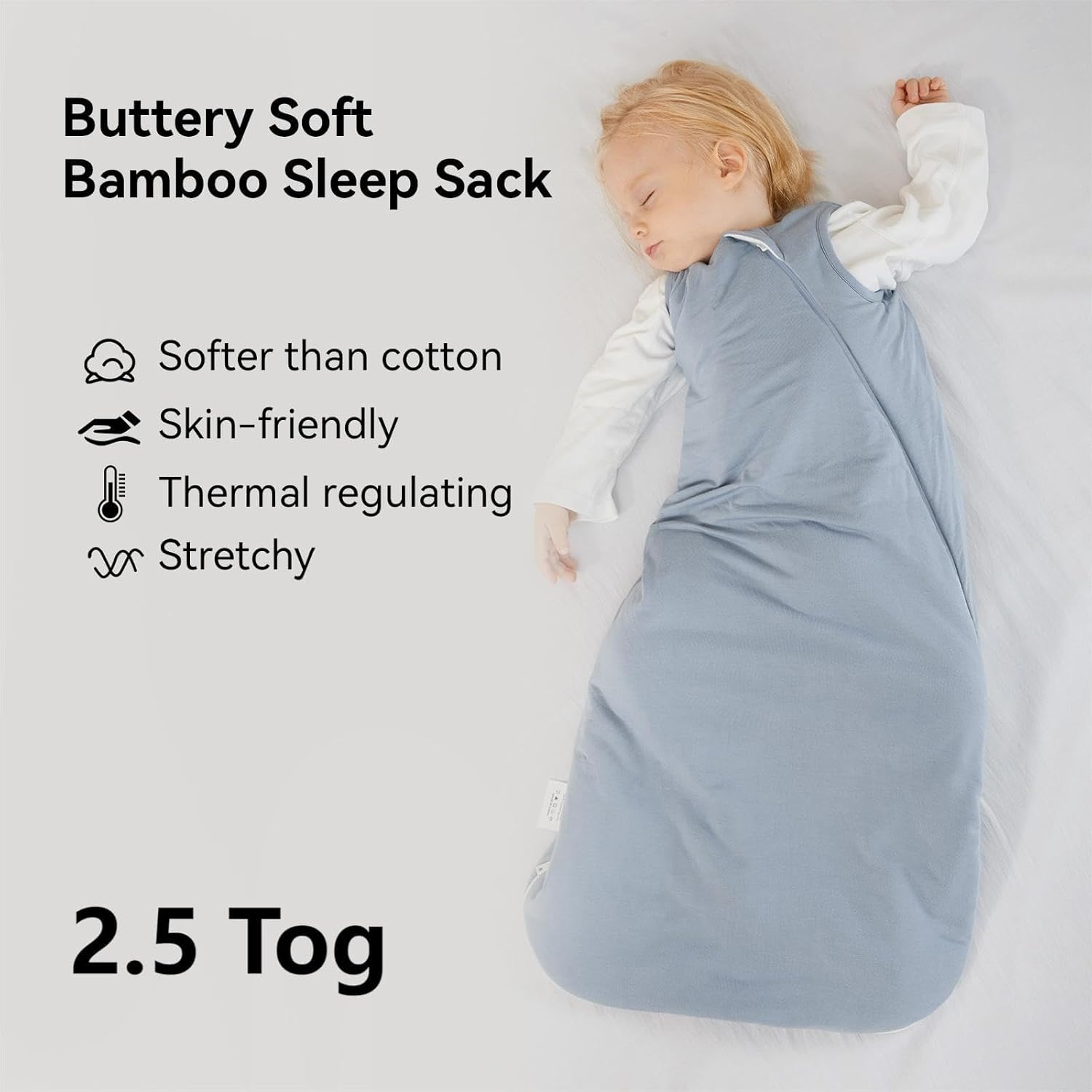 Close-up of premium thick bamboo fabric on BubblePanda Slate 2.5 TOG sleep sack for winter warmth and softness