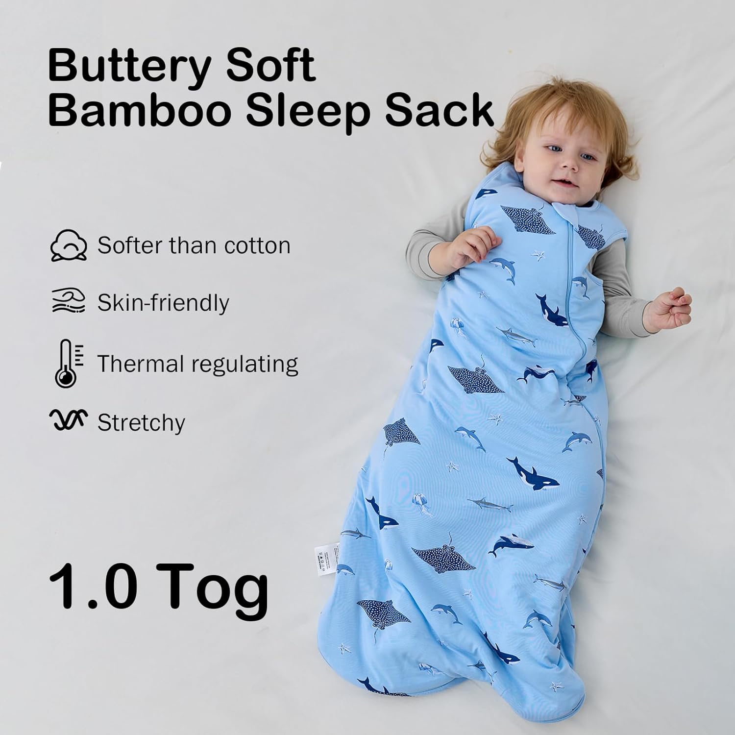 Close-up of high-density bamboo fabric on BubblePanda Shark 1.0 TOG sleep sack showing thick buttery-soft texture