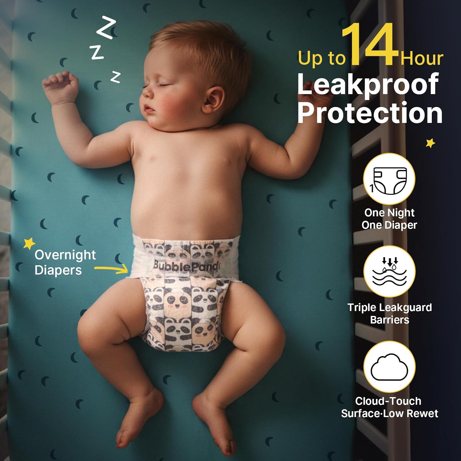 Overnight Diapers, Baby Diapers Nighttime Protection with Dual Absorbent Core, Wider Absorbent Zone, Leak Proof & Soft Surface, Disposable(Size 2, Count 80)