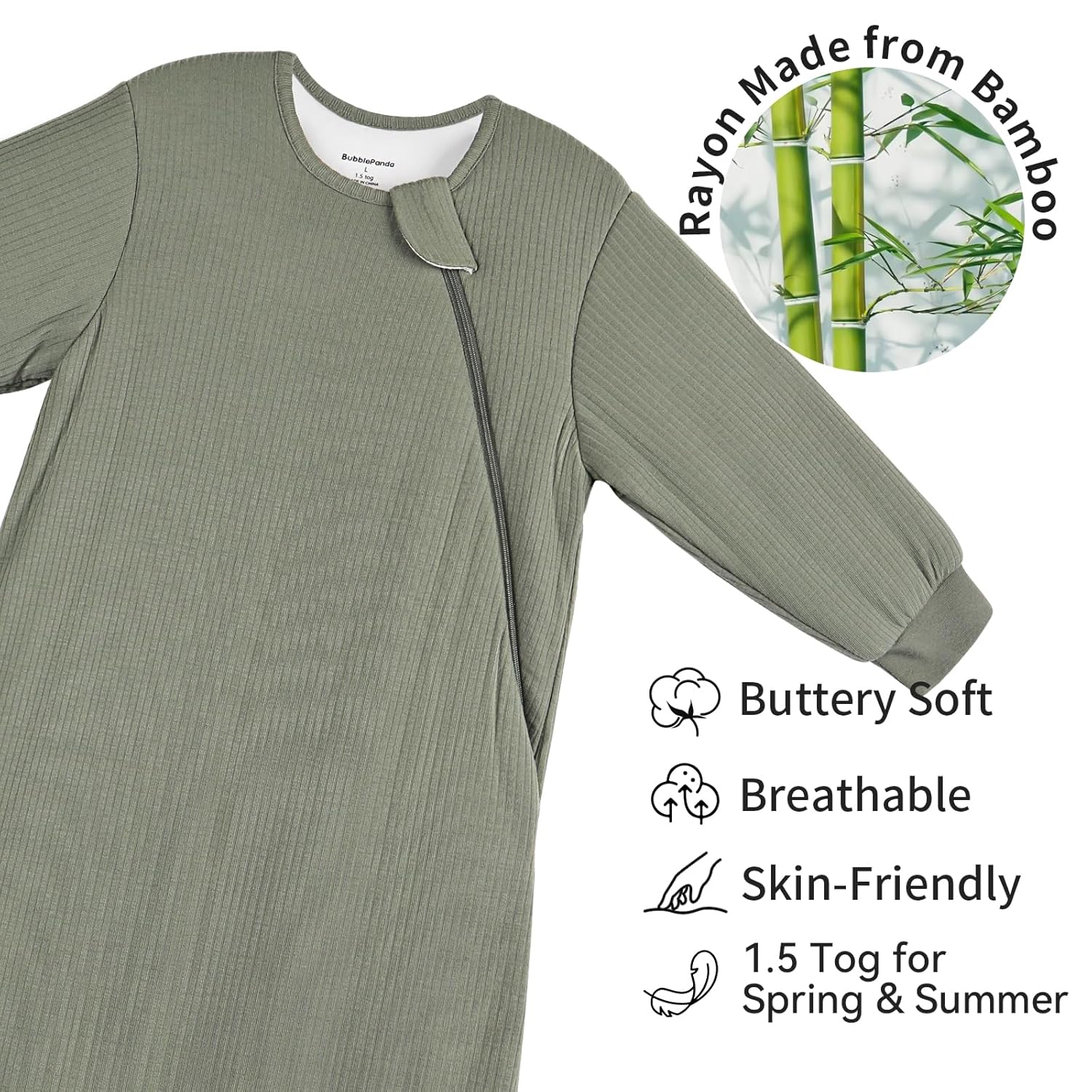 Thick high-density bamboo fabric on BubblePanda Olive Drab 1.5 TOG long sleeve sleep sack showing buttery-soft texture