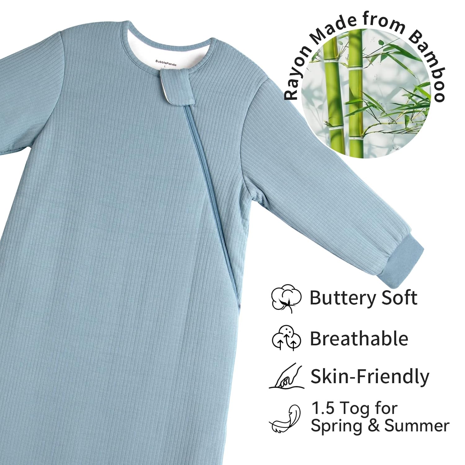 Thick high-density bamboo fabric on BubblePanda Glacier 1.5 TOG long sleeve sleep sack showing buttery-soft texture
