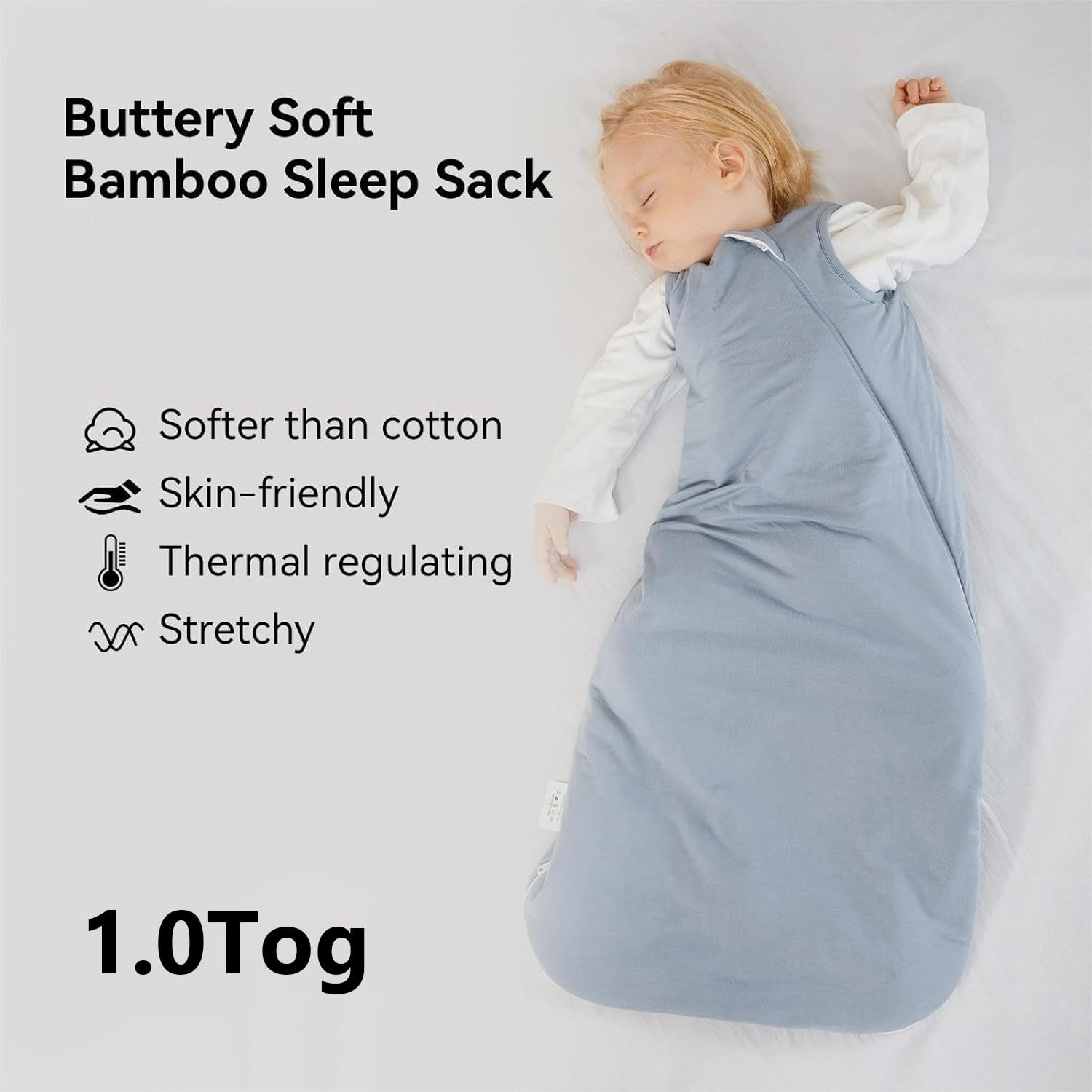 Close-up of high-density bamboo fabric on BubblePanda Slate 1.0 TOG sleep sack showing thick buttery-soft texture