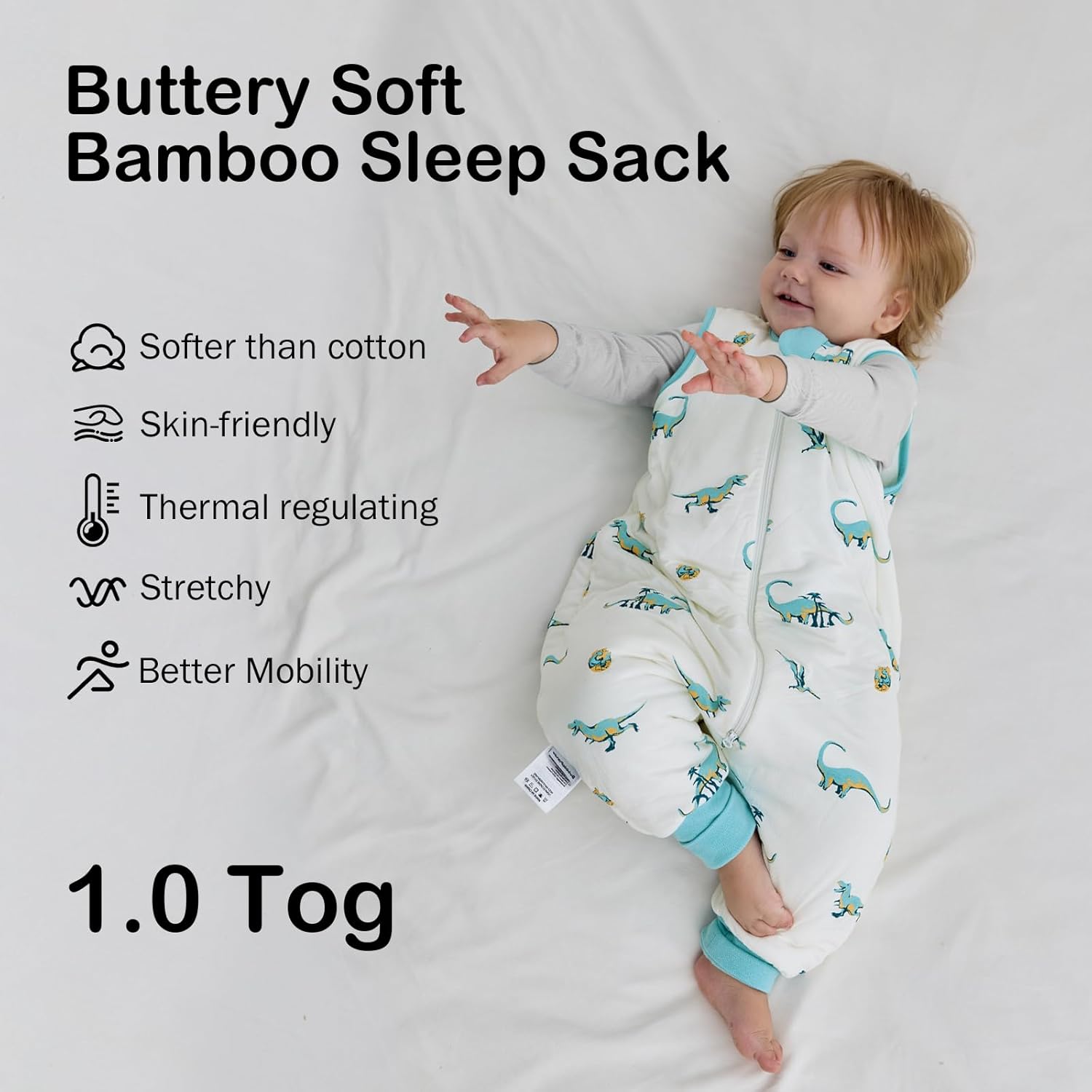 Buttery-soft high-density bamboo fabric texture on BubblePanda Dinosaur 1.0 TOG Walker Sack