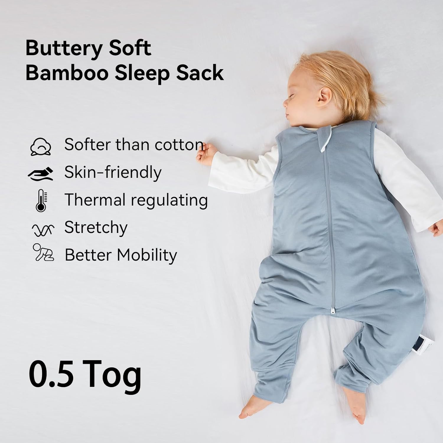 Close-up of high-density bamboo fabric on BubblePanda Slate 0.5 TOG sleep sack showing buttery-soft texture
