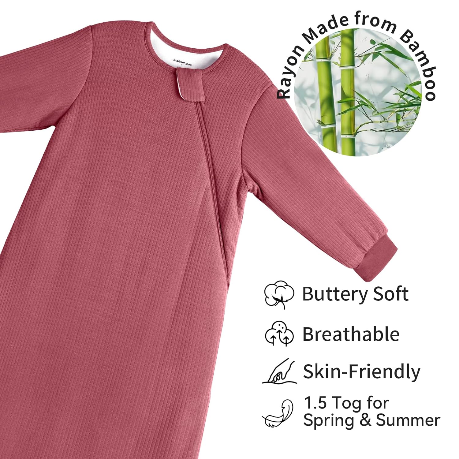 Thick high-density bamboo fabric on BubblePanda Dusty Rose 1.5 TOG long sleeve sleep sack showing buttery-soft texture