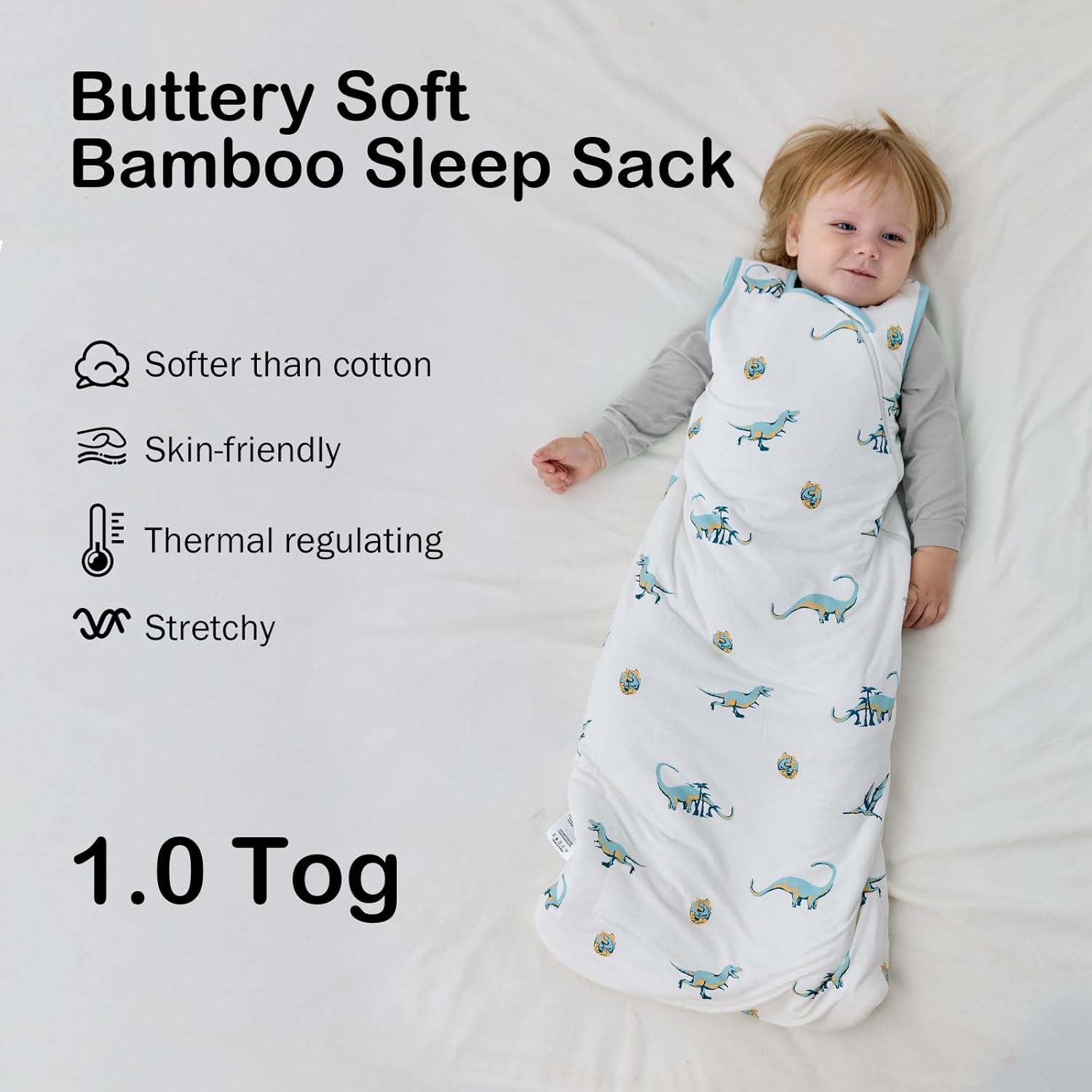 Close-up of high-density bamboo fabric on BubblePanda Dinosaur 1.0 TOG sleep sack showing thick buttery-soft texture