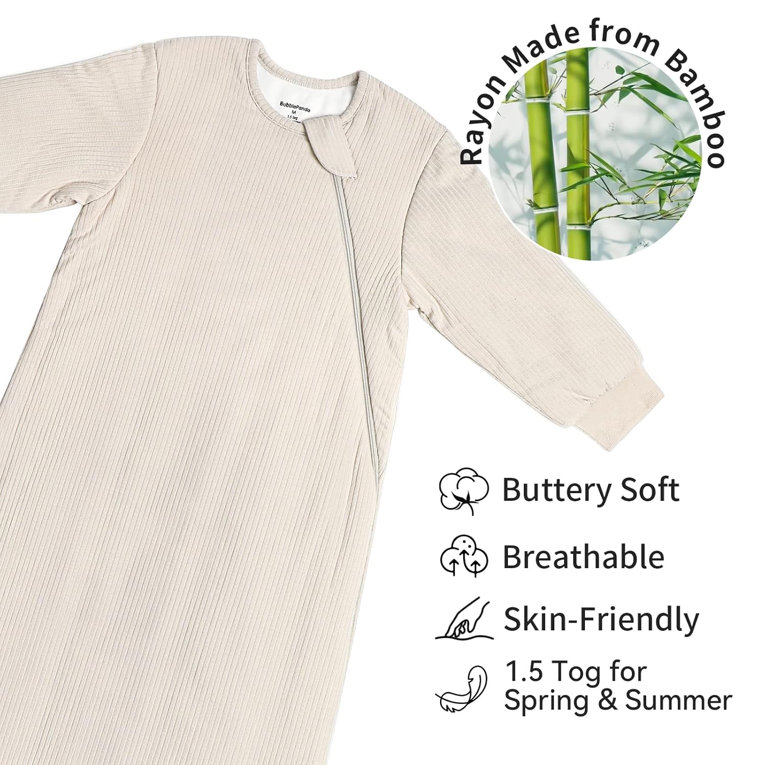 Thick high-density bamboo fabric on BubblePanda Oat 1.5 TOG long sleeve sleep sack showing buttery-soft texture