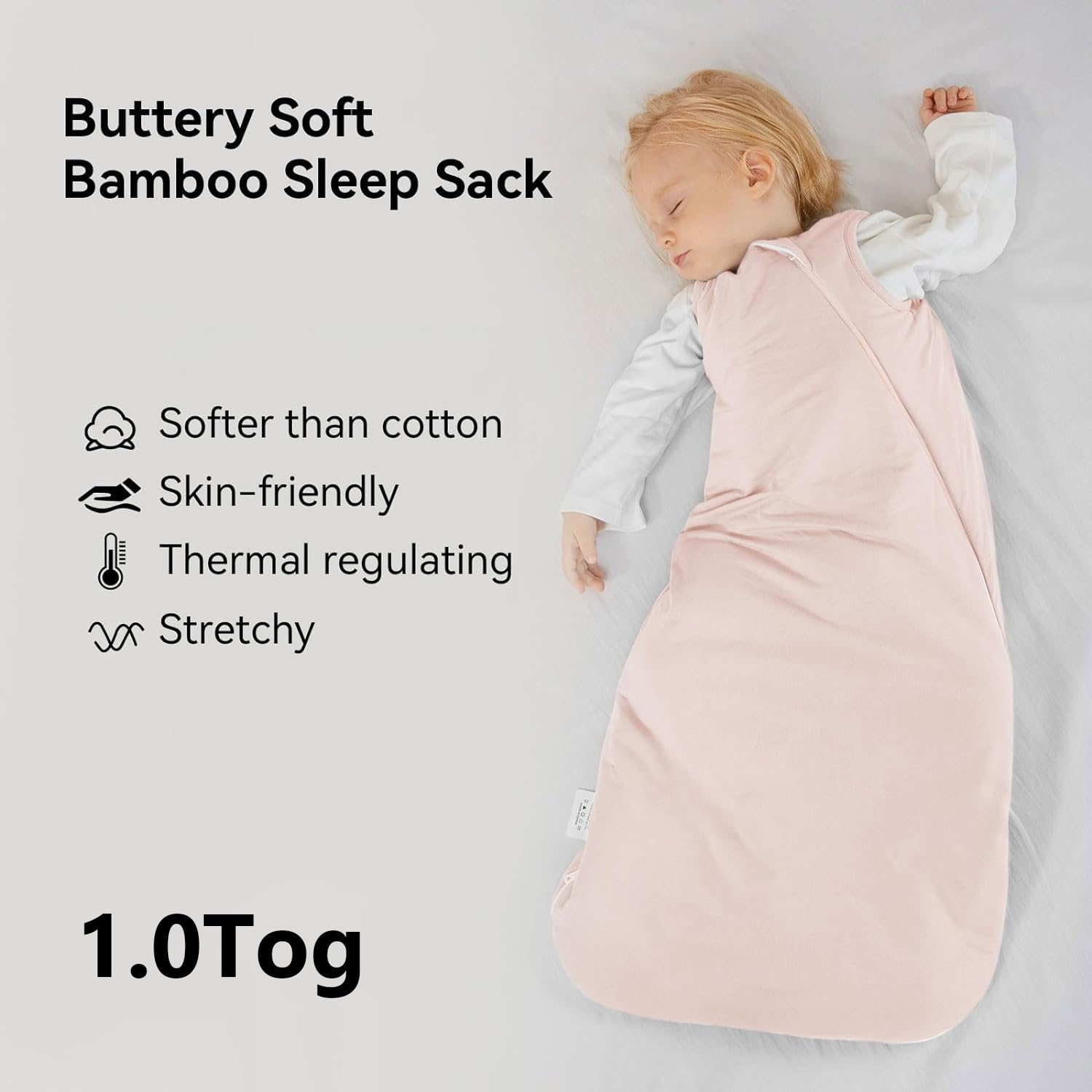 Close-up of high-density bamboo fabric on BubblePanda Pink 1.0 TOG sleep sack showing thick buttery-soft texture