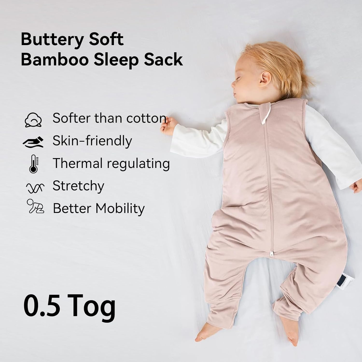 Close-up of high-density bamboo fabric on BubblePanda Blush 0.5 TOG sleep sack showing buttery-soft texture