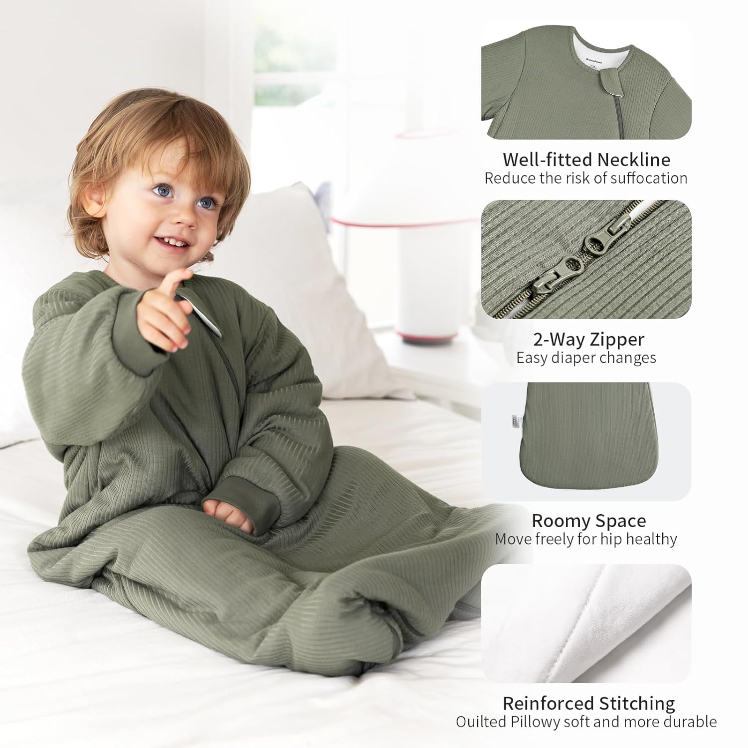 Soft elastic cuffs and safe 2-way YKK zipper on BubblePanda Olive Drab 1.5 TOG long sleeve bamboo sleep sack
