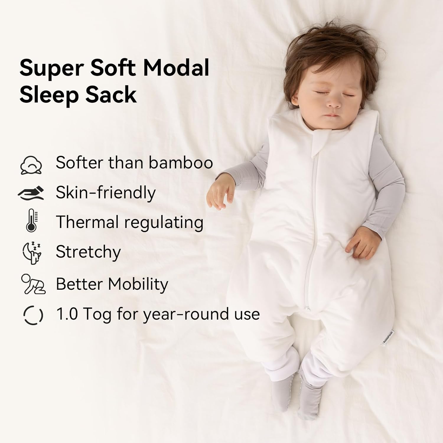 Peaceful toddler sleeping in a BubblePanda Cloud Silky Modal walker sack showing its buttery-soft and skin-friendly texture