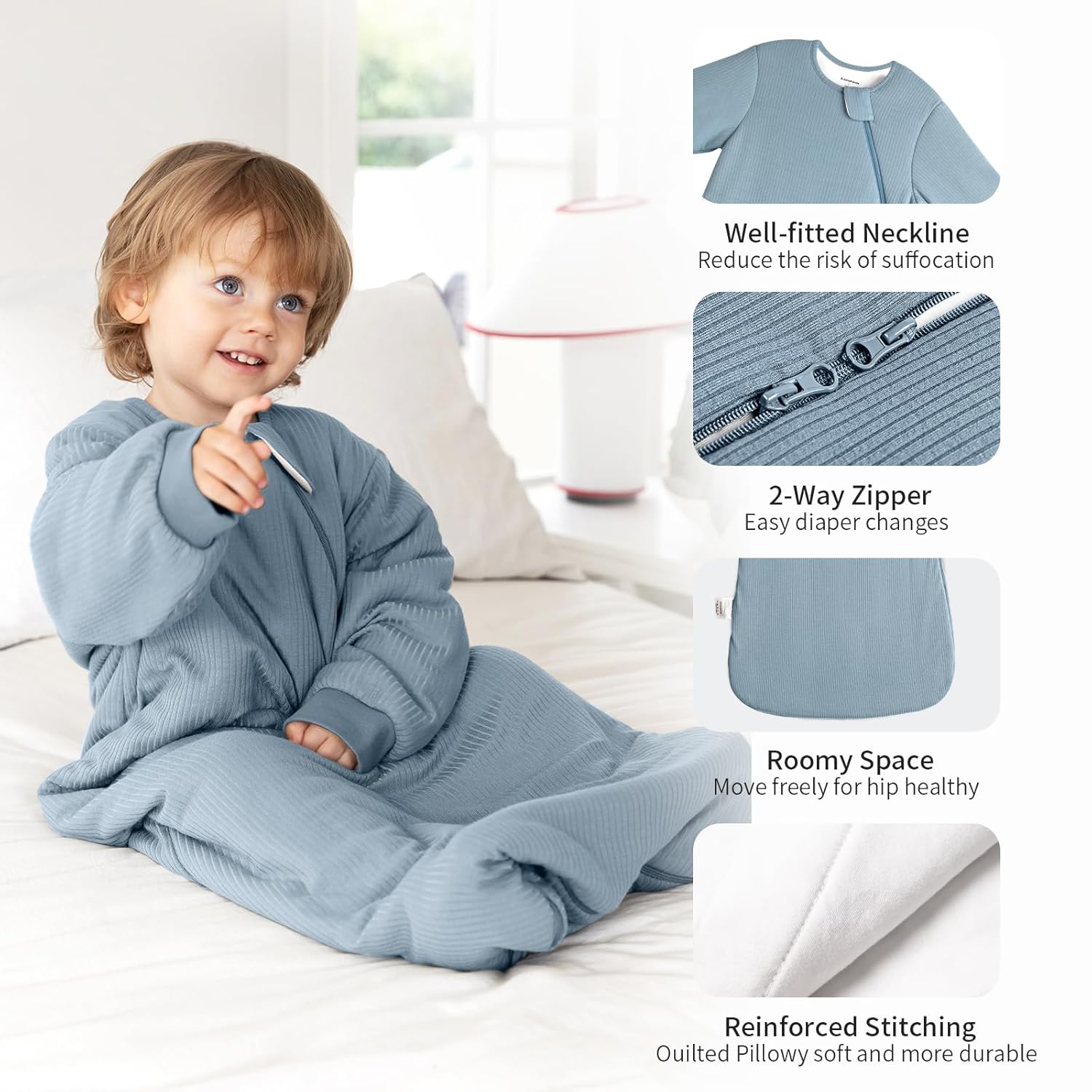 Soft elastic cuffs and safe 2-way YKK zipper on BubblePanda Glacier 1.5 TOG long sleeve bamboo sleep sack