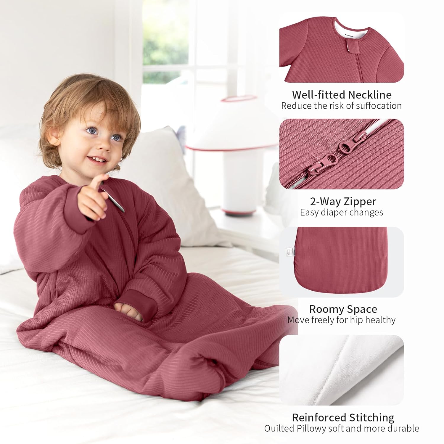 Soft elastic cuffs and safe 2-way YKK zipper on BubblePanda Dusty Rose 1.5 TOG long sleeve bamboo sleep sack