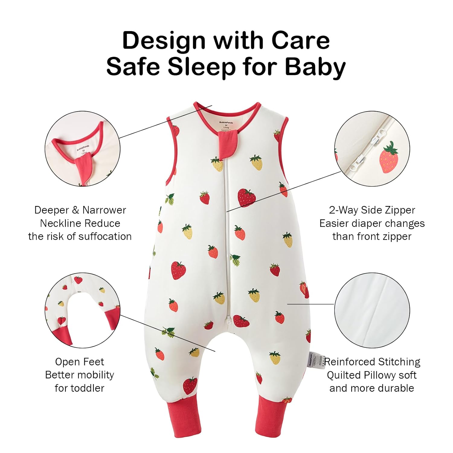 Temperature-regulating bamboo fabric for year-round comfort in BubblePanda Strawberry 1.0 TOG Walker Sack