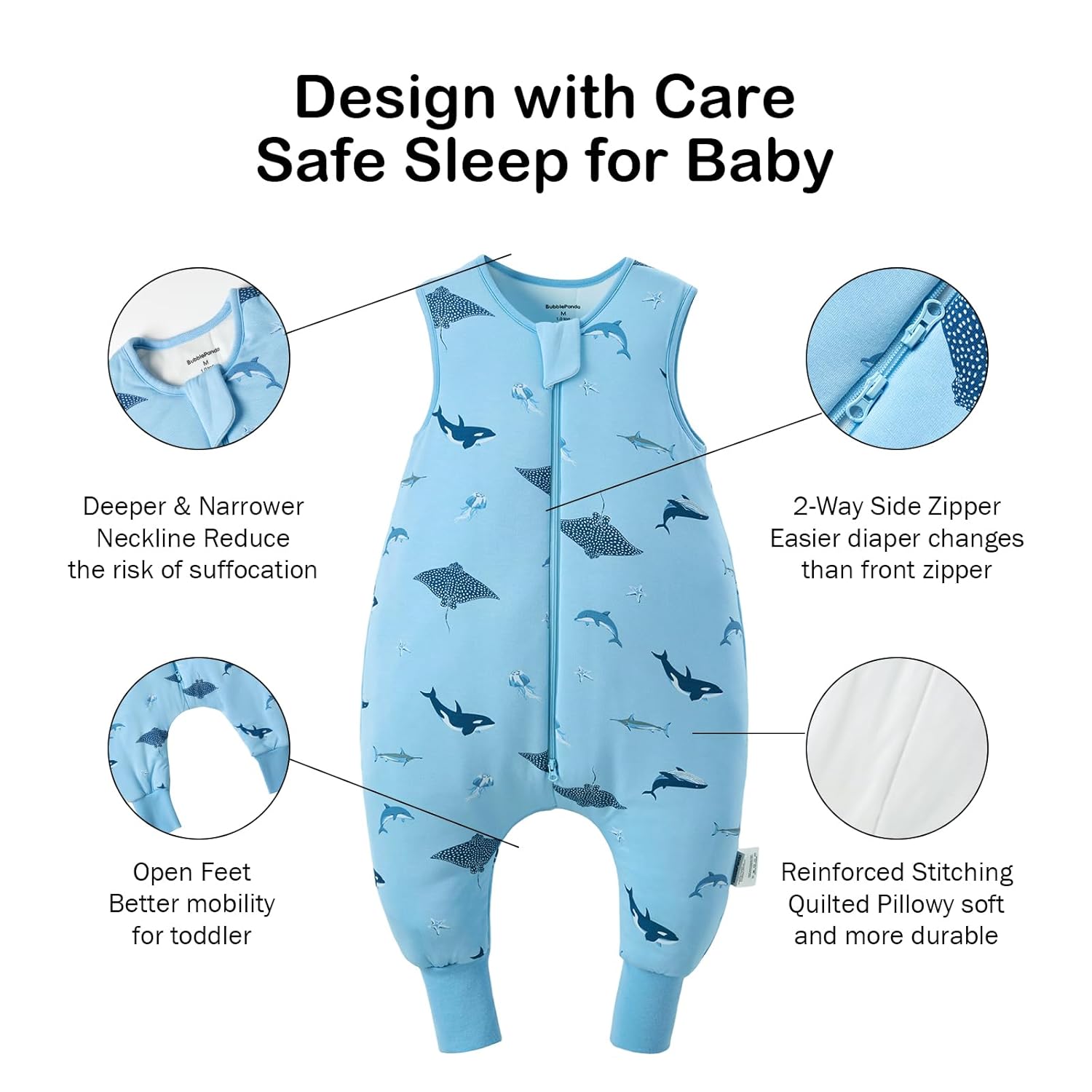 Temperature-regulating bamboo fabric for year-round comfort in BubblePanda Shark 1.0 TOG Walker Sack