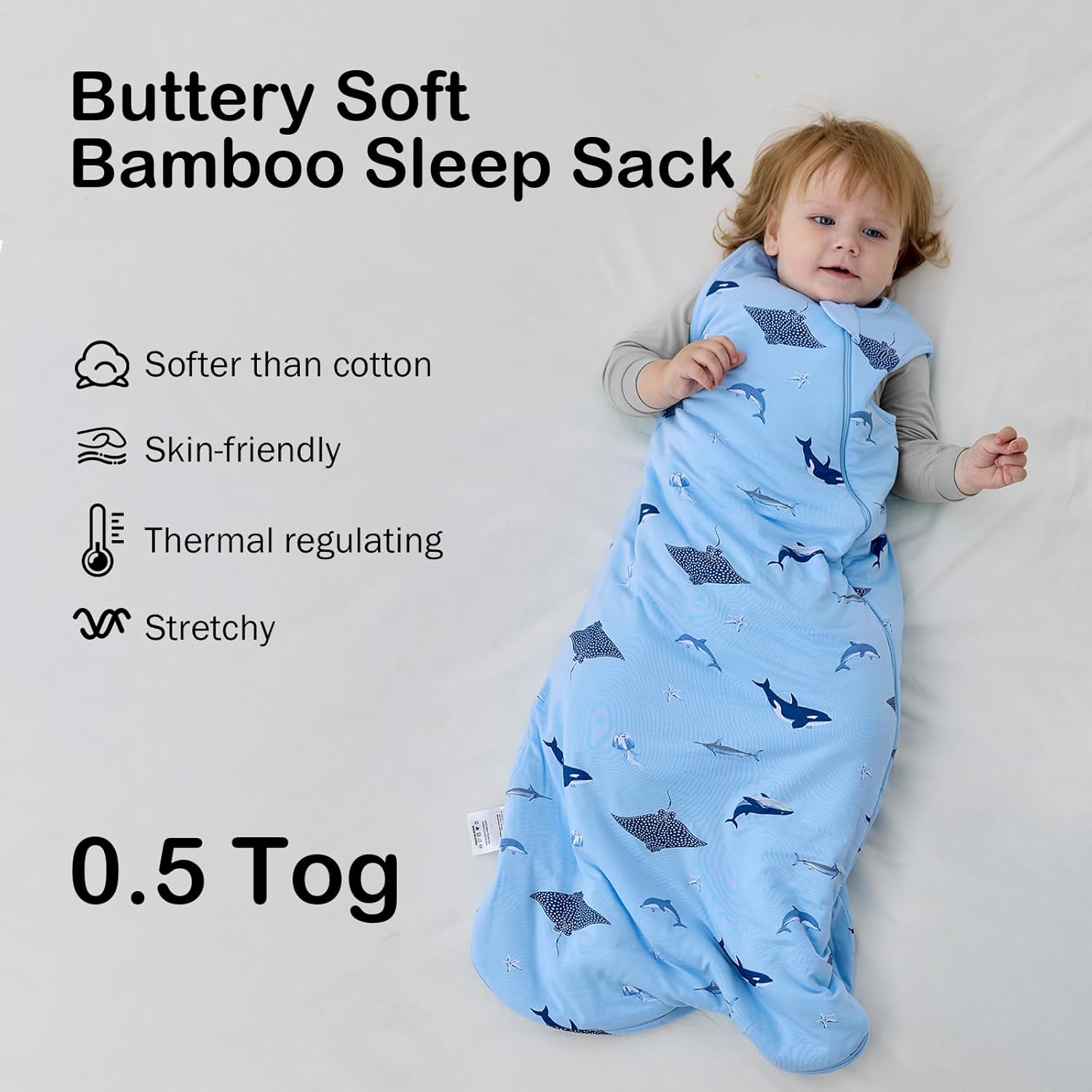 Micro-view of high-density bamboo fabric on BubblePanda Shark Blue 0.5 TOG sleep sack showing thick buttery-soft texture