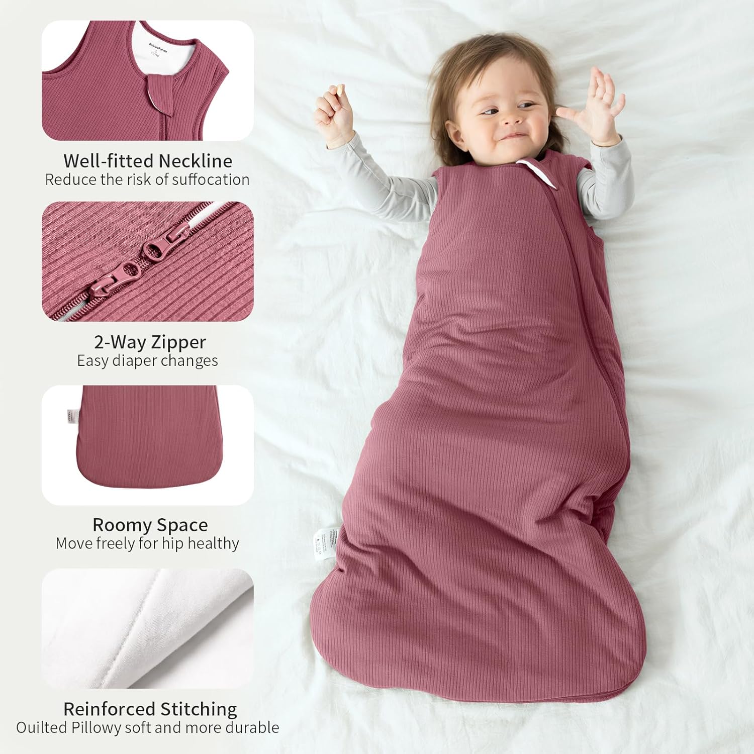 Safe neckline and dual YKK zipper with extra-wide zipper guard on BubblePanda Dusty Rose 1.0 TOG bamboo sleep sack