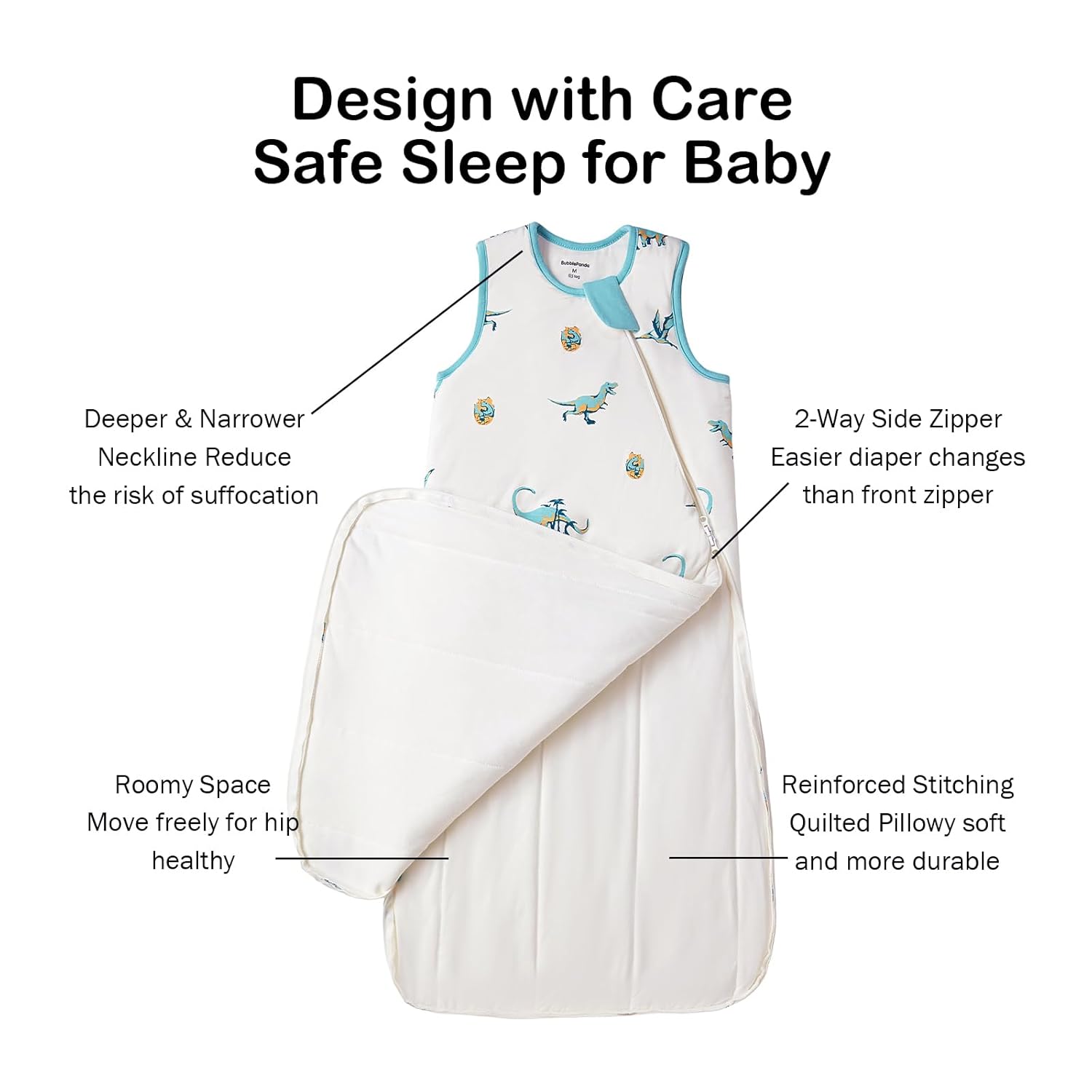 Roomy bell-bottom design of BubblePanda Dinosaur 0.5 TOG Sleep Sack for healthy hip development and natural leg movement