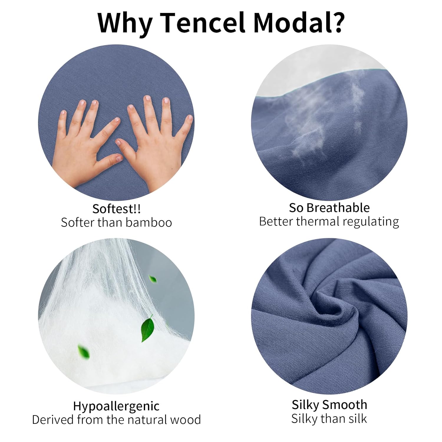 Benefits of Tencel Modal fabric in BubblePanda Navy Silky Modal Walker Sleep Sack : 3x more breathable, naturally hypoallergenic, and silky smooth than silk