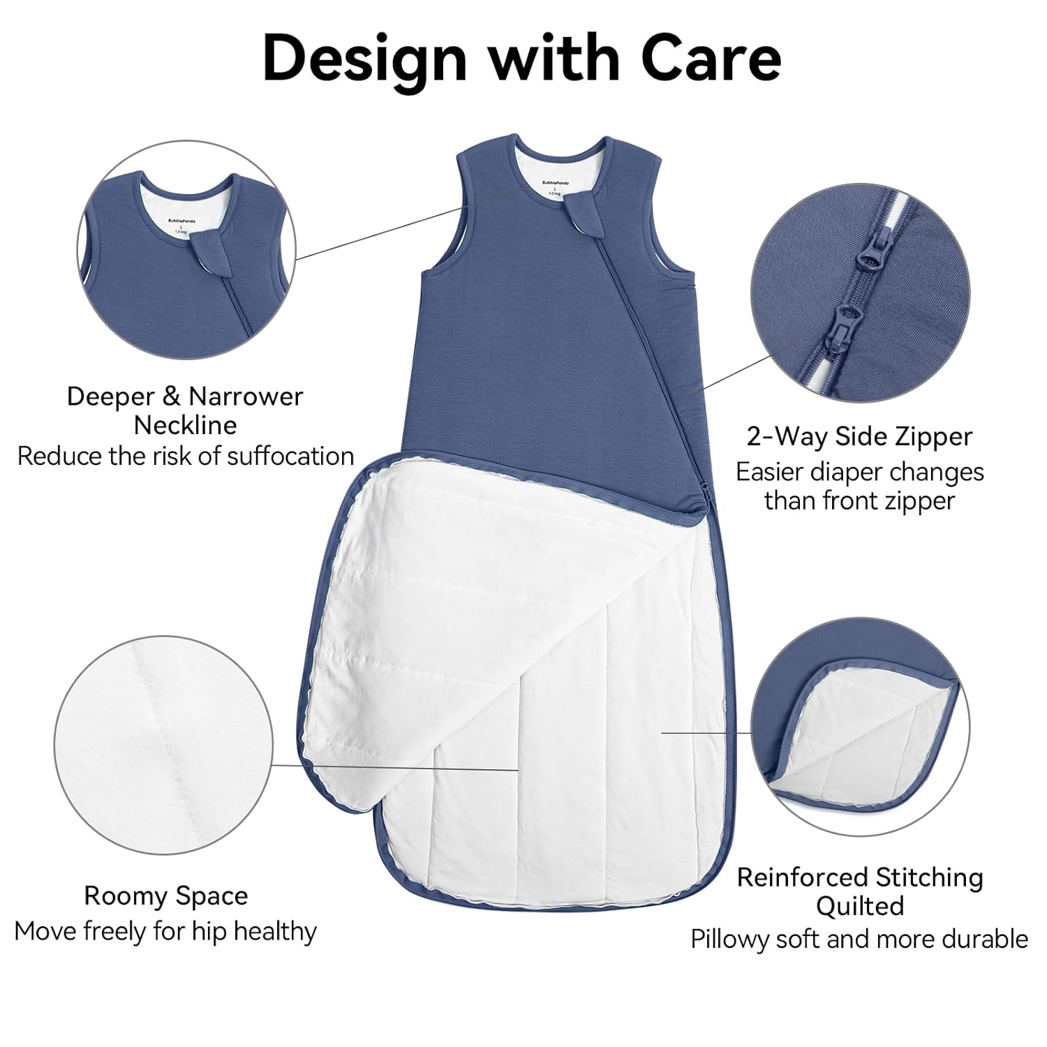 Safety features of BubblePanda Navy Silky Modal sleep sack including deep-U neckline, zipper guard, and bell-bottom design for hip-healthy leg movement