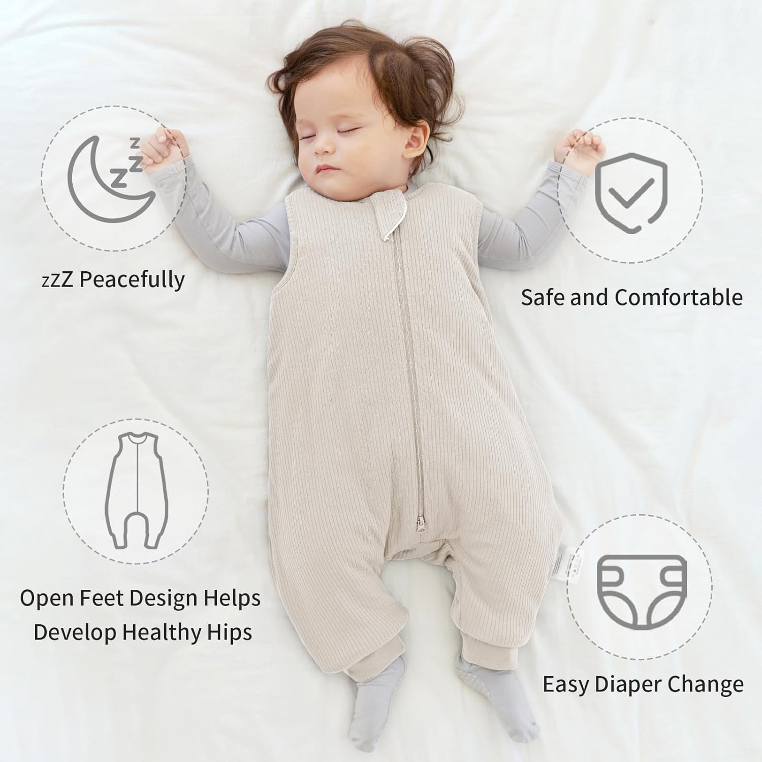 Open-foot design for safe standing and walking - BubblePanda Oat 1.0 TOG Bamboo Walker Sleep Sack
