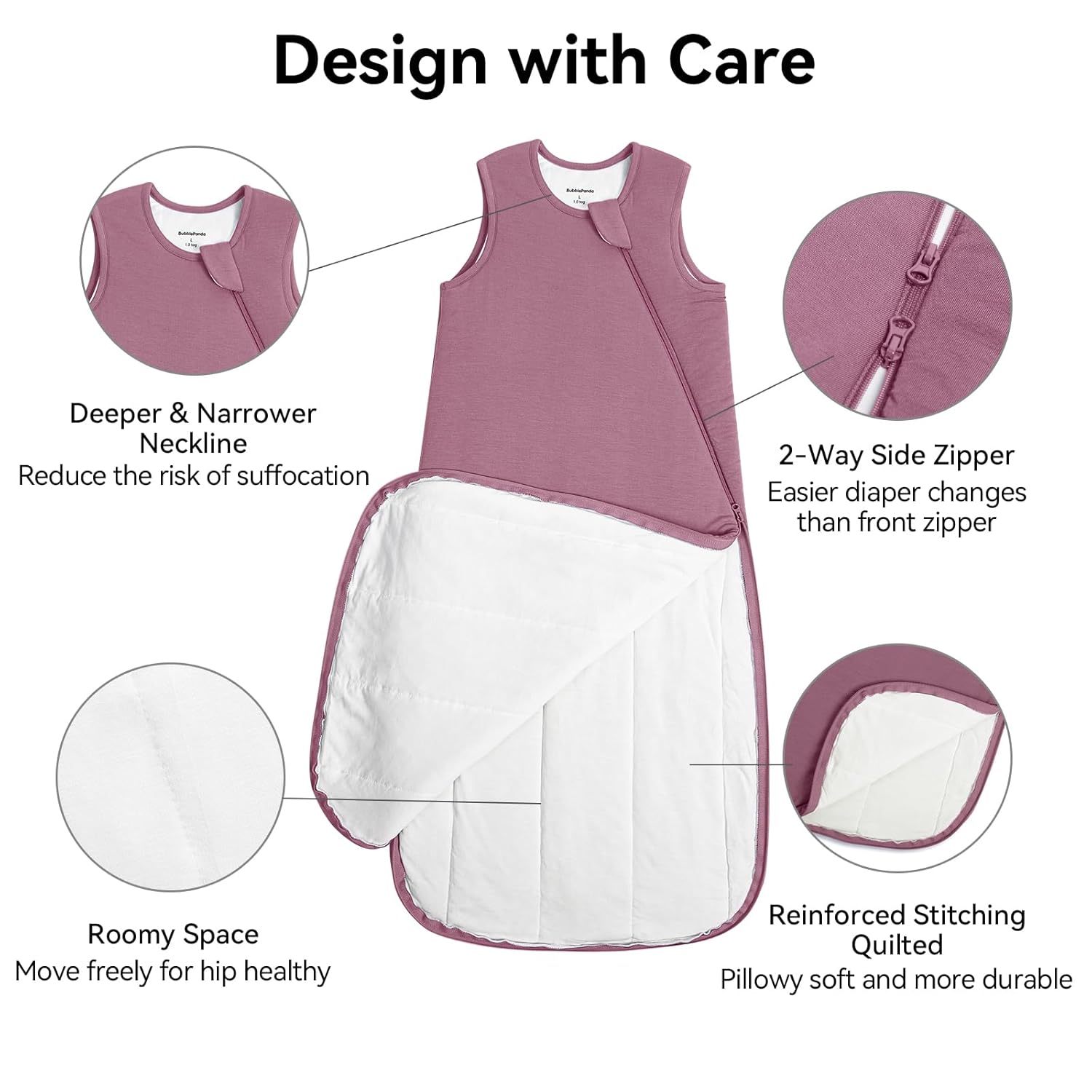 Safety features of BubblePanda Mulberry Silky Modal sleep sack including deep-U neckline, zipper guard, and bell-bottom design for hip-healthy leg movement