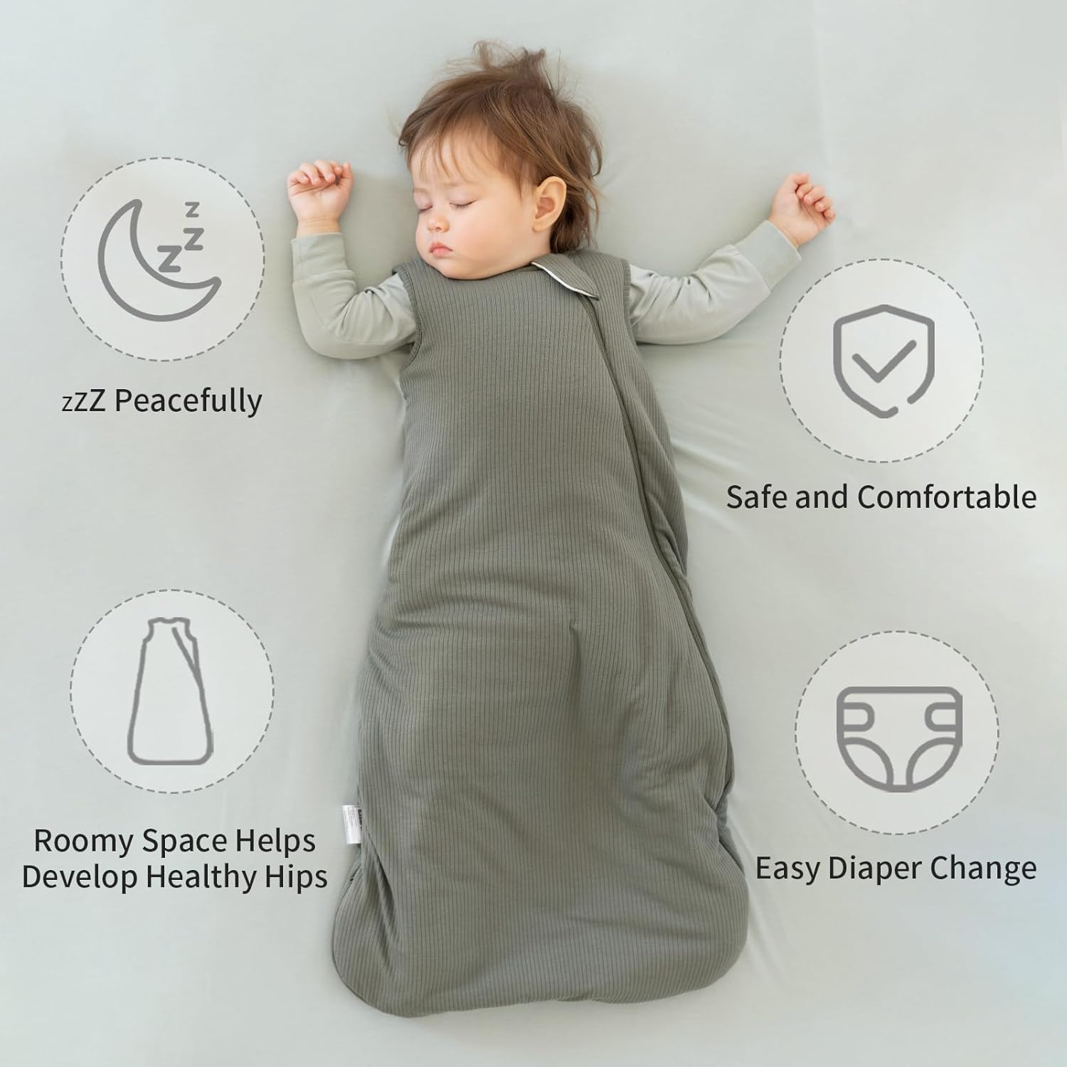 Roomy bell-bottom design on BubblePanda Olive Drab 1.0 TOG Sleep Sack for healthy hip development and leg movement