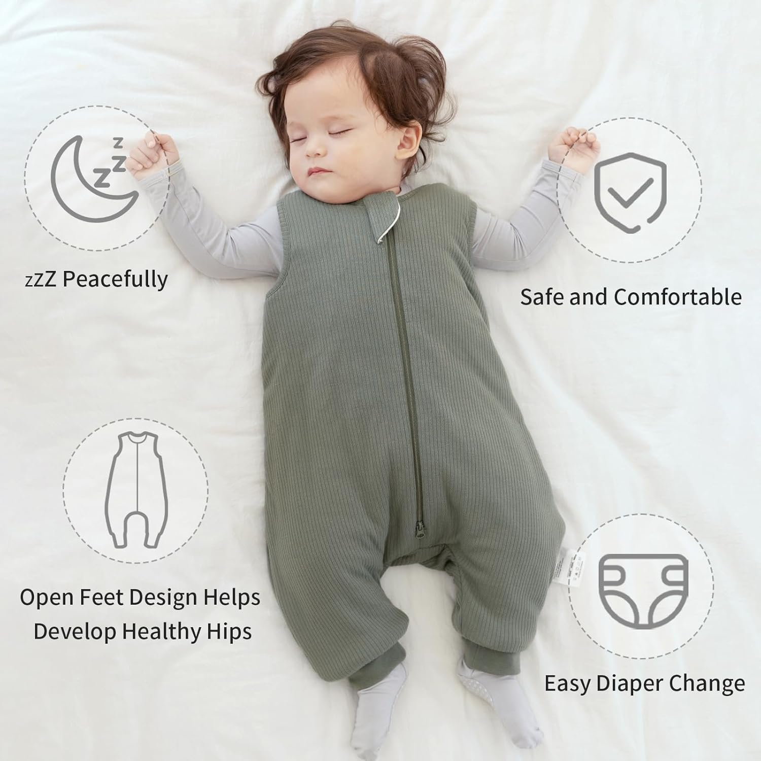 Open-foot design for safe standing and walking - BubblePanda Olive Drab 1.0 TOG Bamboo Walker Sleep Sack