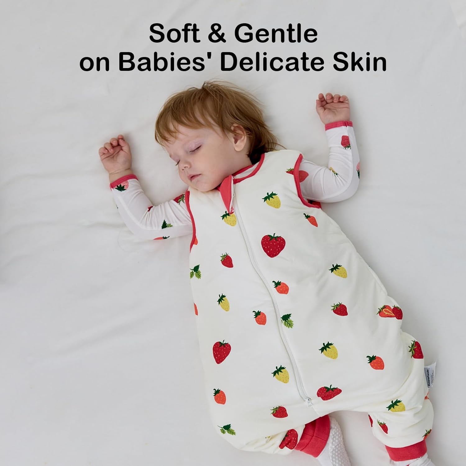 Open-foot design for safe standing and walking - BubblePanda Strawberry 1.0 TOG Bamboo Walker Sleep Sack