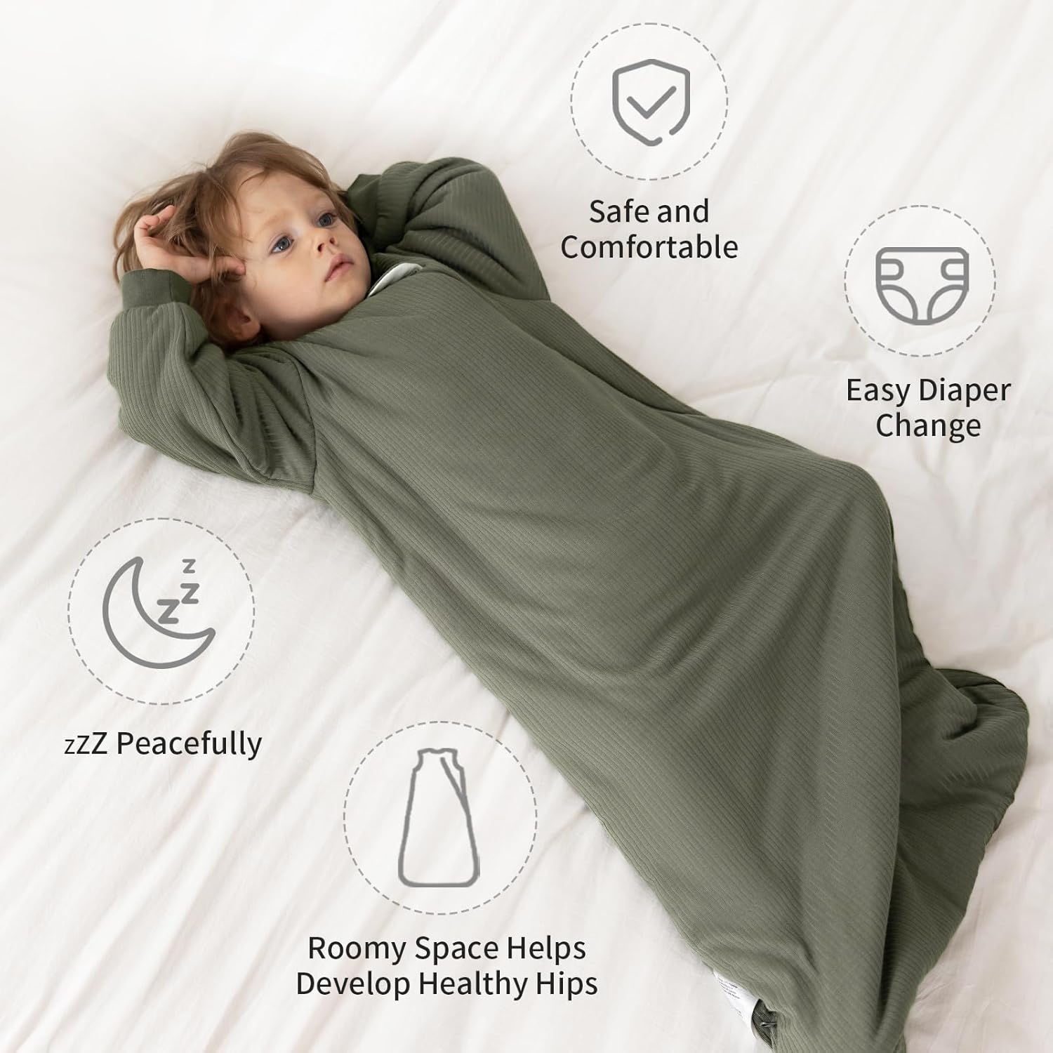 Roomy bell-bottom design of BubblePanda Olive Drab 1.5 TOG long sleeve sleep bag for healthy hip development and cozy leg room
Breathable and moisture-wicking Olive Drab 1.5 TOG long sleeve bamboo material for a stable sleep micro-climate