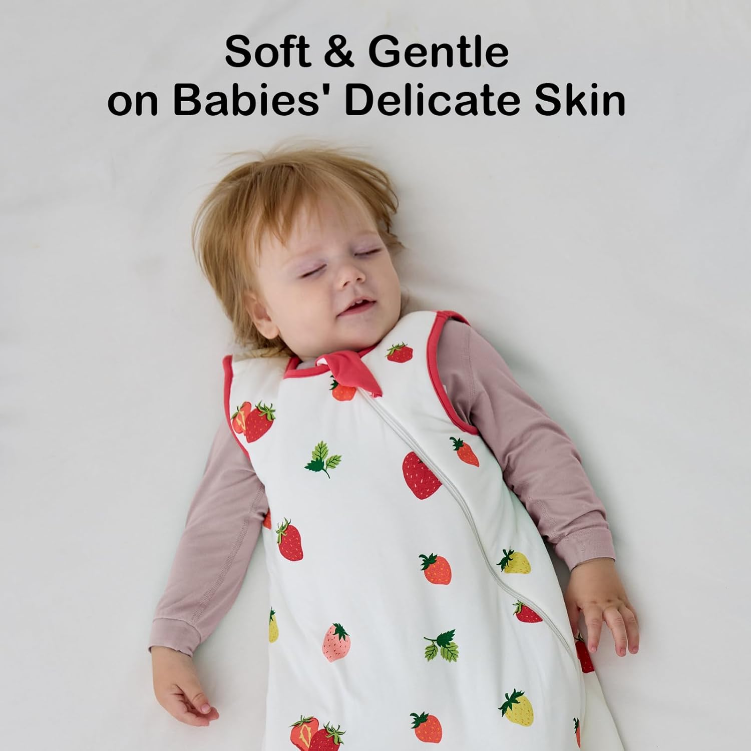Breathable and temperature-regulating bamboo viscose material of BubblePanda Strawberry 0.5 TOG summer sleep sack