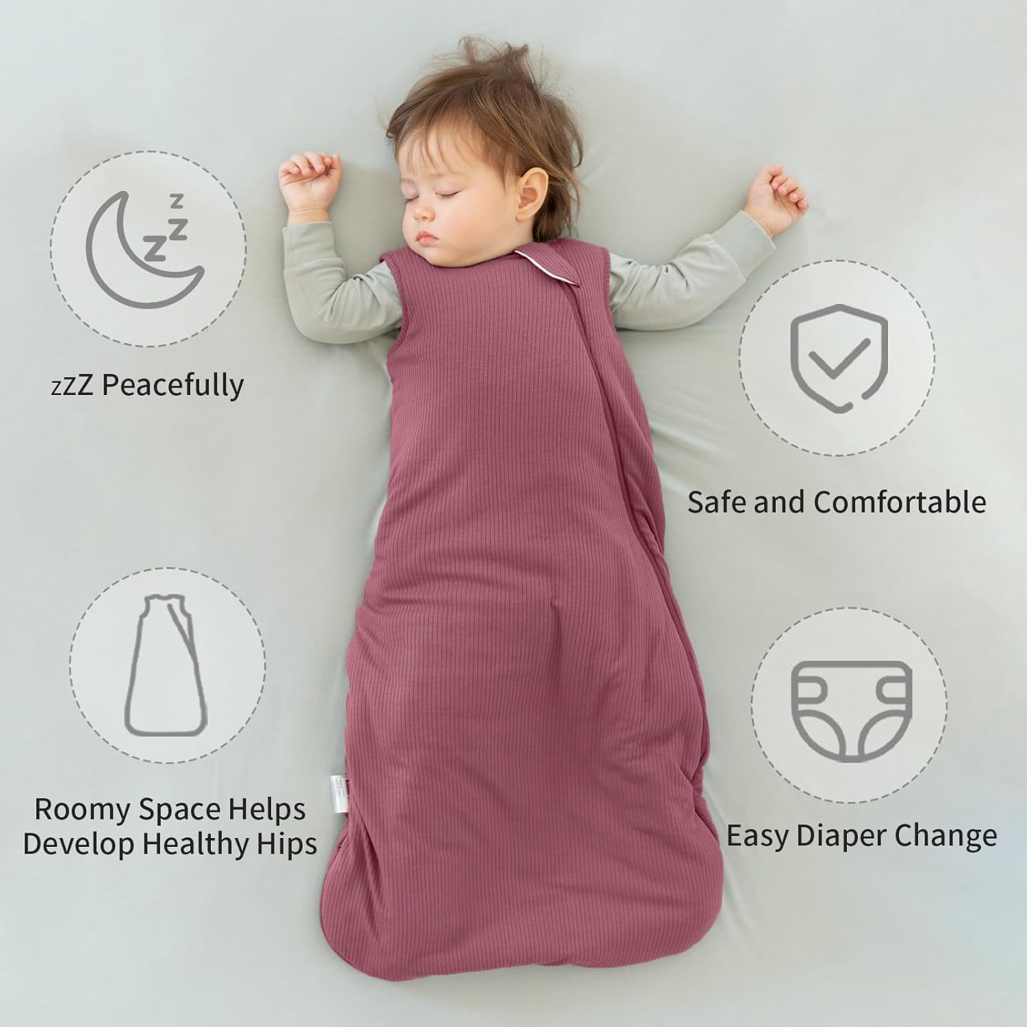 Roomy bell-bottom design on BubblePanda Dusty Rose 1.0 TOG Sleep Sack for healthy hip development and leg movement
