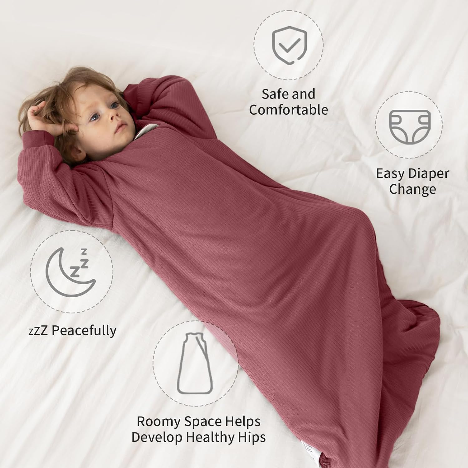 Roomy bell-bottom design of BubblePanda Dusty Rose 1.5 TOG long sleeve sleep bag for healthy hip development and cozy leg room
Breathable and moisture-wicking Dusty Rose 1.5 TOG long sleeve bamboo material for a stable sleep micro-climate