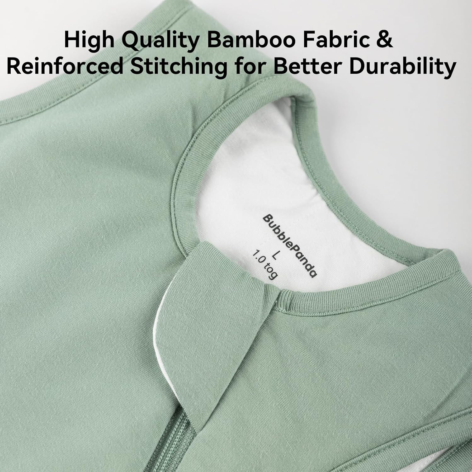 Safe neckline and dual YKK zipper with extra-wide zipper guard on BubblePanda Sage 1.0 TOG bamboo sleep sack