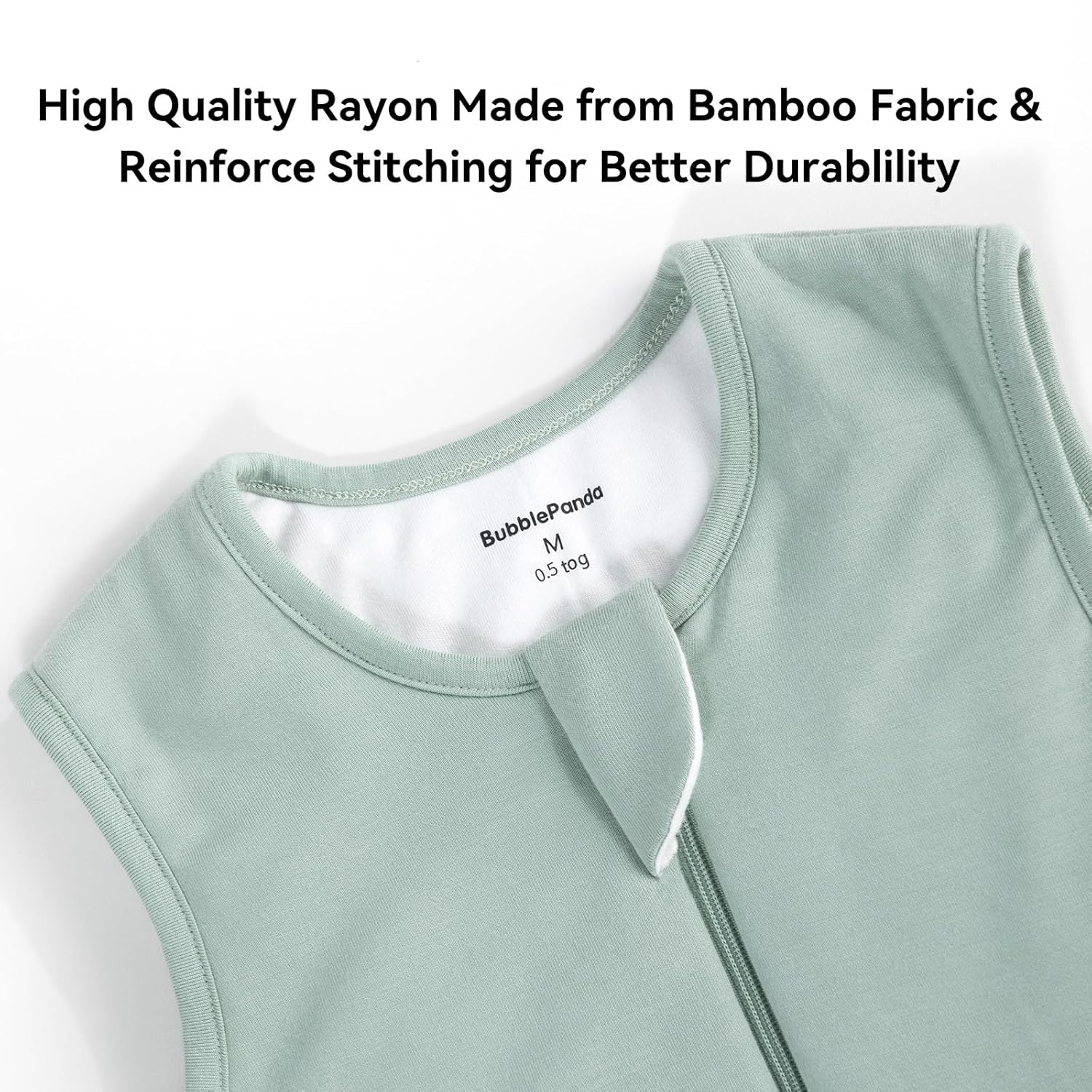 Safe 2-way YKK J-shape zipper and protective zipper guard on BubblePanda Sage 0.5 TOG bamboo sleep sack