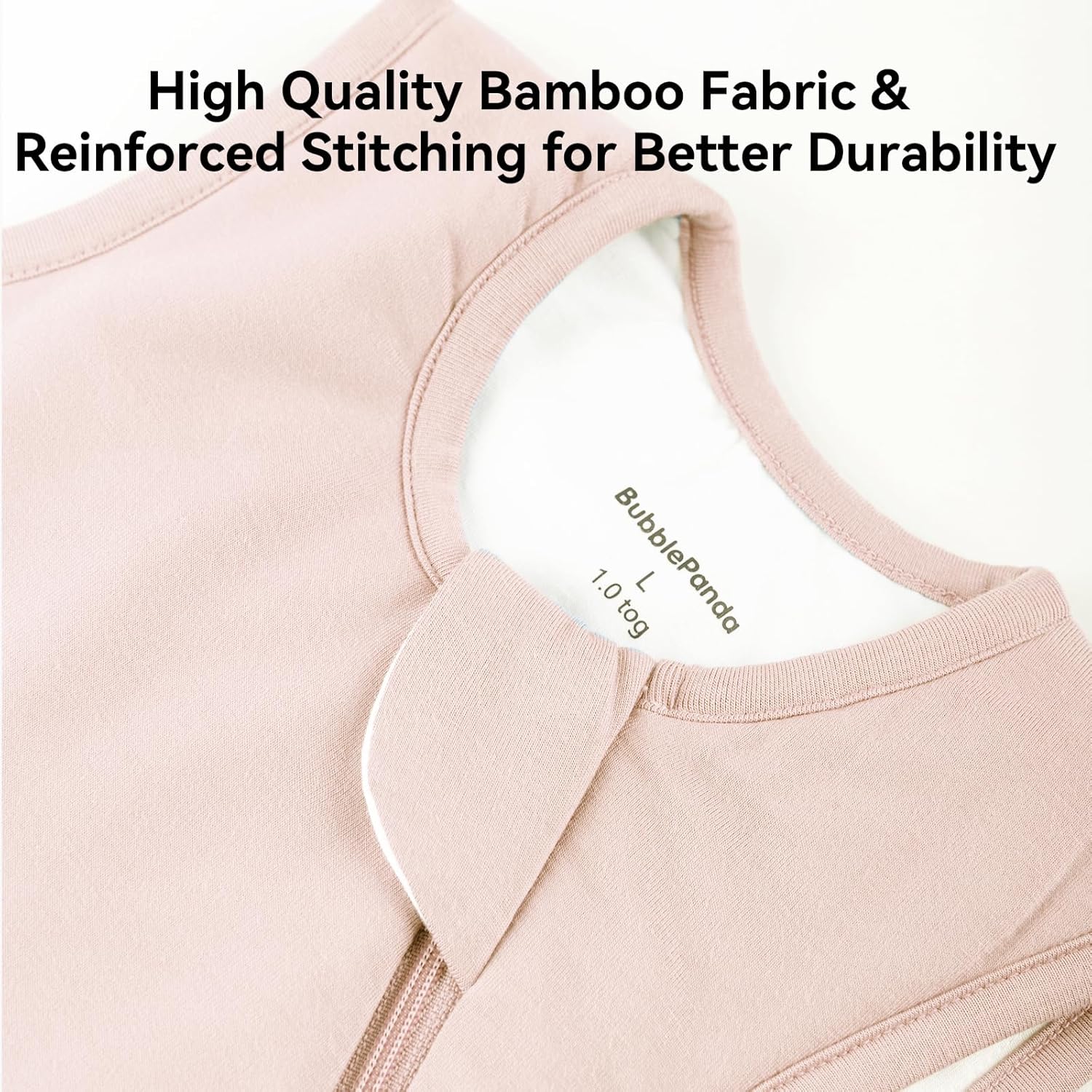 Safe neckline and 2-way YKK zipper with protective guard on BubblePanda Blush 0.5 TOG bamboo sleep sack