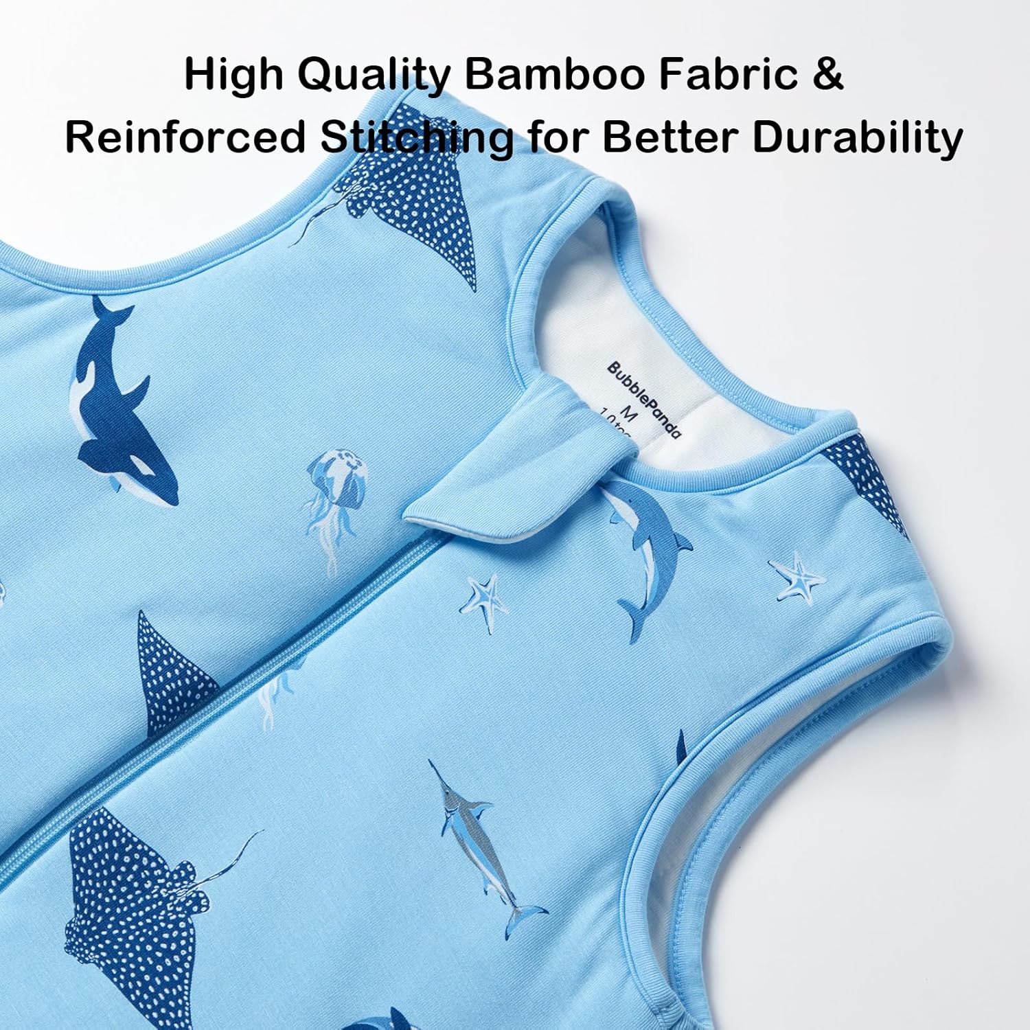 Easy diaper change J-shape 2-way zipper and protective guard on BubblePanda Shark 1.0 TOG Walker Sack