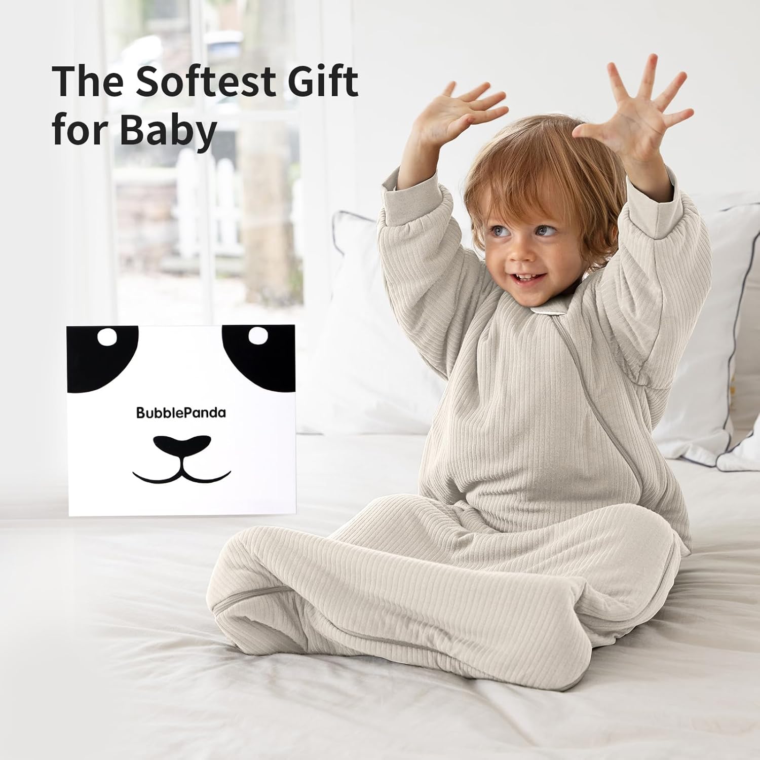 Baby sleeping soundly in a BubblePanda Oat 1.5 TOG long sleeve 250 GSM bamboo sleep bag