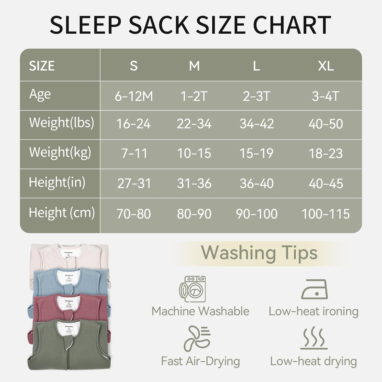 BubblePanda Olive Drab 1.0 TOG Walker Sleep Sack Size Chart and height-weight guide for toddlers