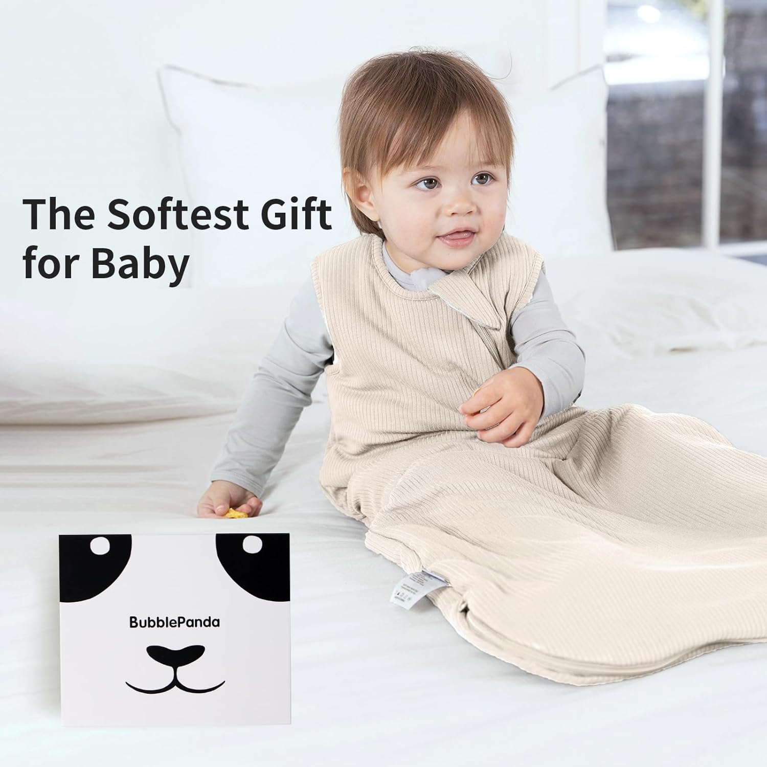 Elegant Oat 1.0 TOG BubblePanda bamboo sleep sack in a modern minimalist nursery setting