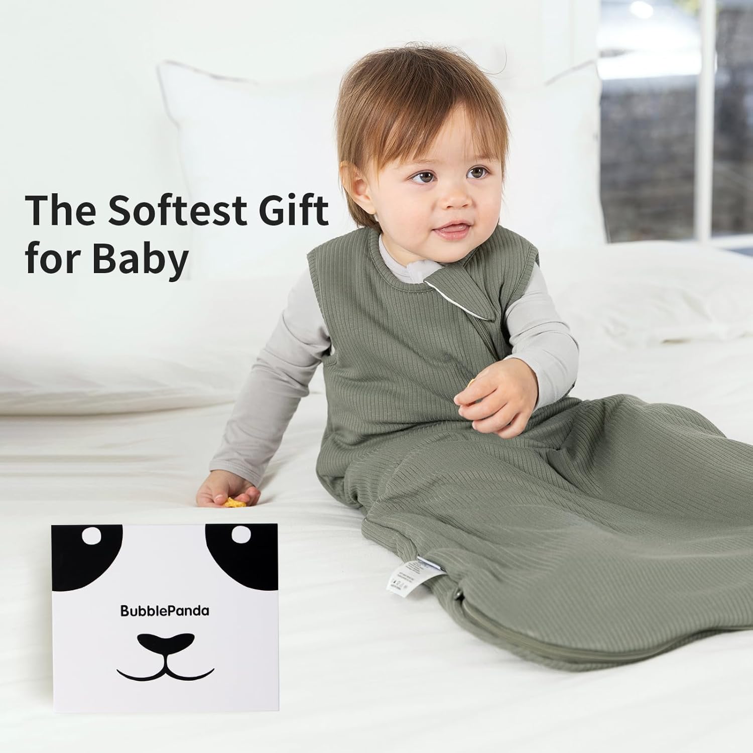 Elegant Olive Drab 1.0 TOG BubblePanda bamboo sleep sack in a modern minimalist nursery setting