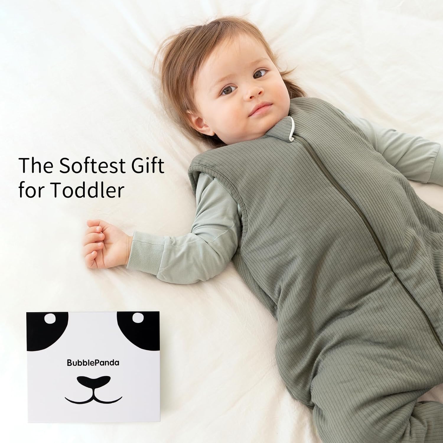 Toddler standing and playing safely in BubblePanda Olive Drab 1.0 TOG high-density bamboo walker sleep sack