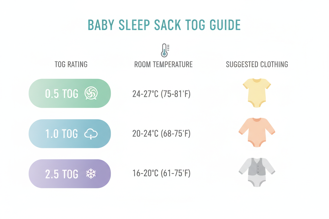 sleep sack tog chart showing 0.5 1.0 and 2.5 tog temperature guide