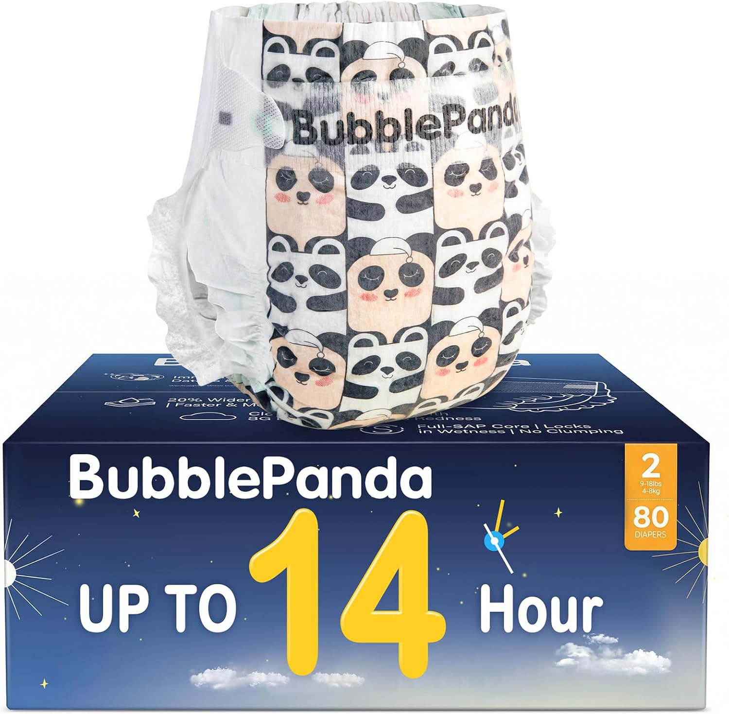 Overnight Diapers, Baby Diapers Nighttime Protection with Dual Absorbent Core, Wider Absorbent Zone, Leak Proof & Soft Surface, Disposable(Size 2, Count 80)